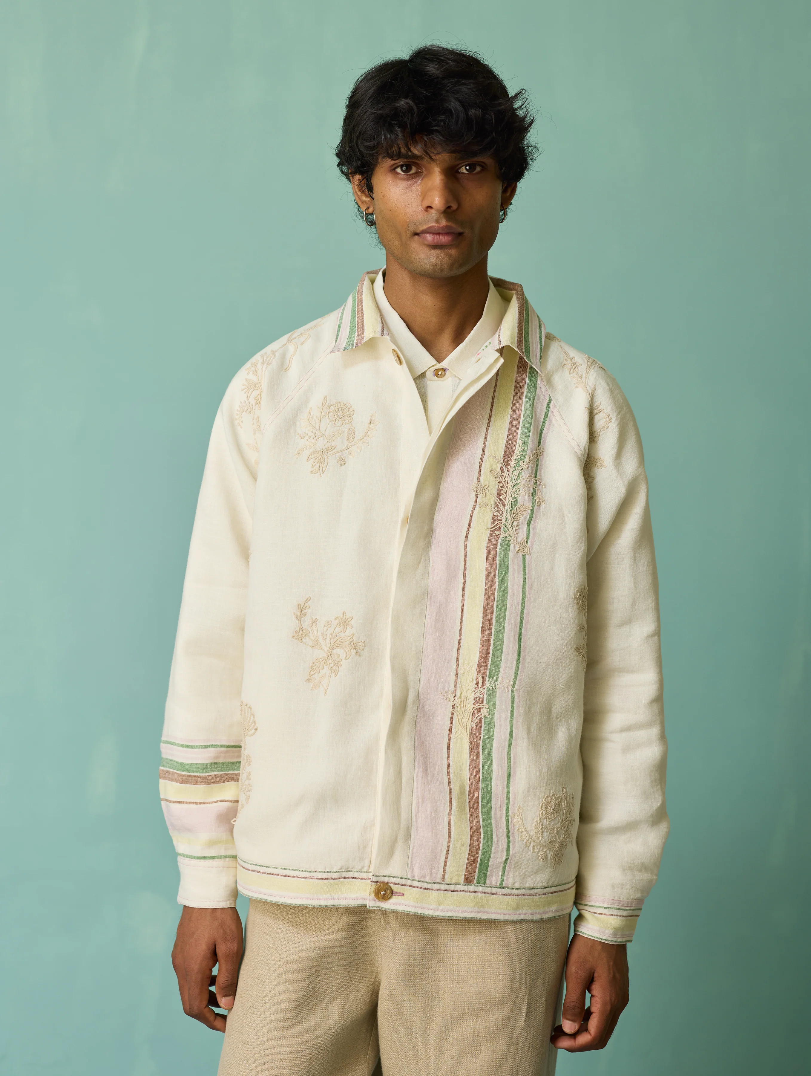 Sorren Hand-Embroidered Border Linen Jacket - Ivory - Image 13