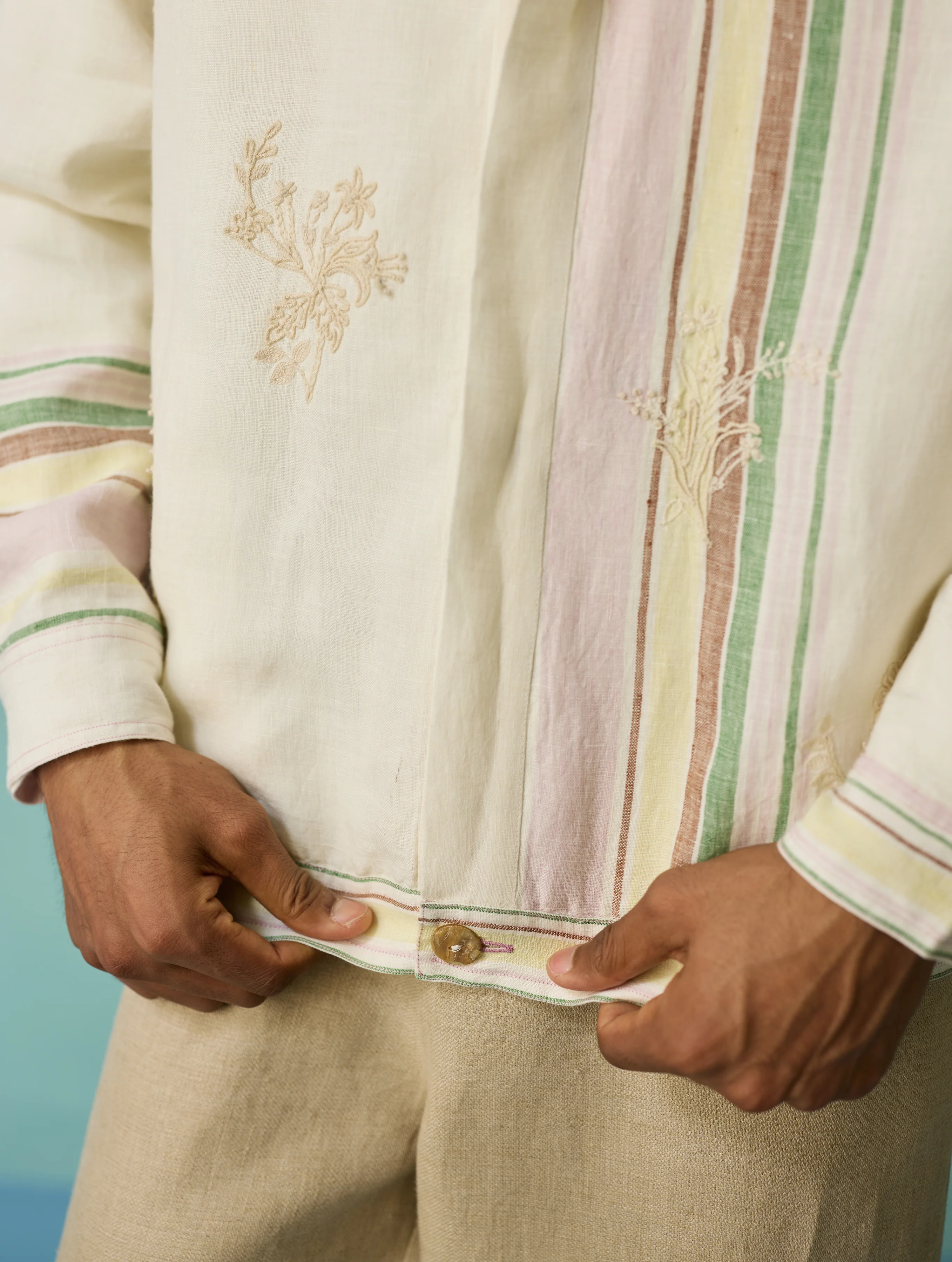 Sorren Hand-Embroidered Border Linen Jacket - Ivory - Image 14