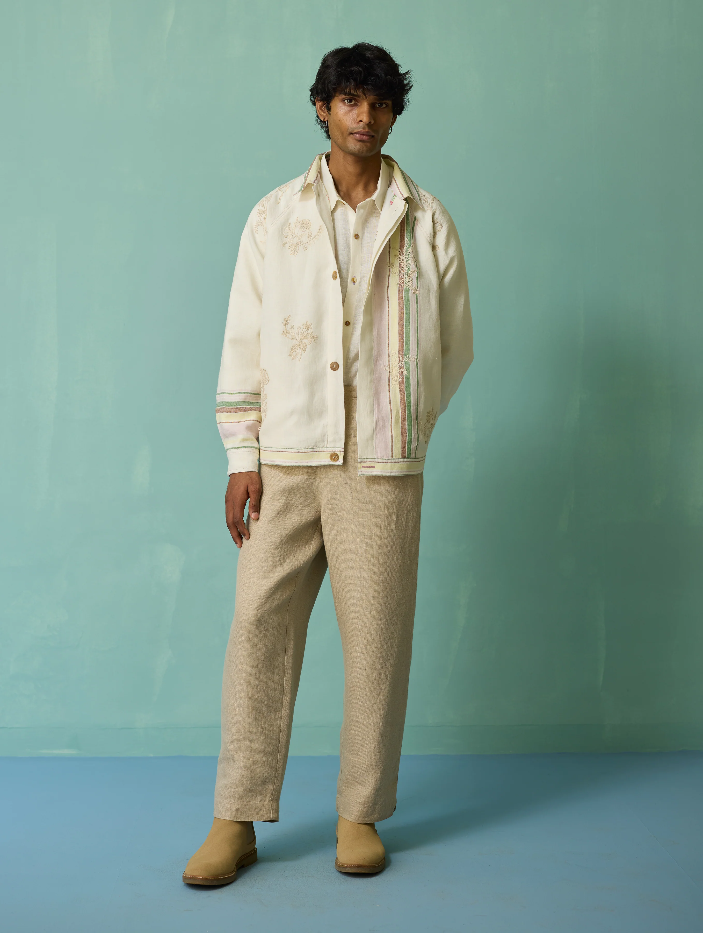 Sorren Hand-Embroidered Border Linen Jacket - Ivory - Image 15