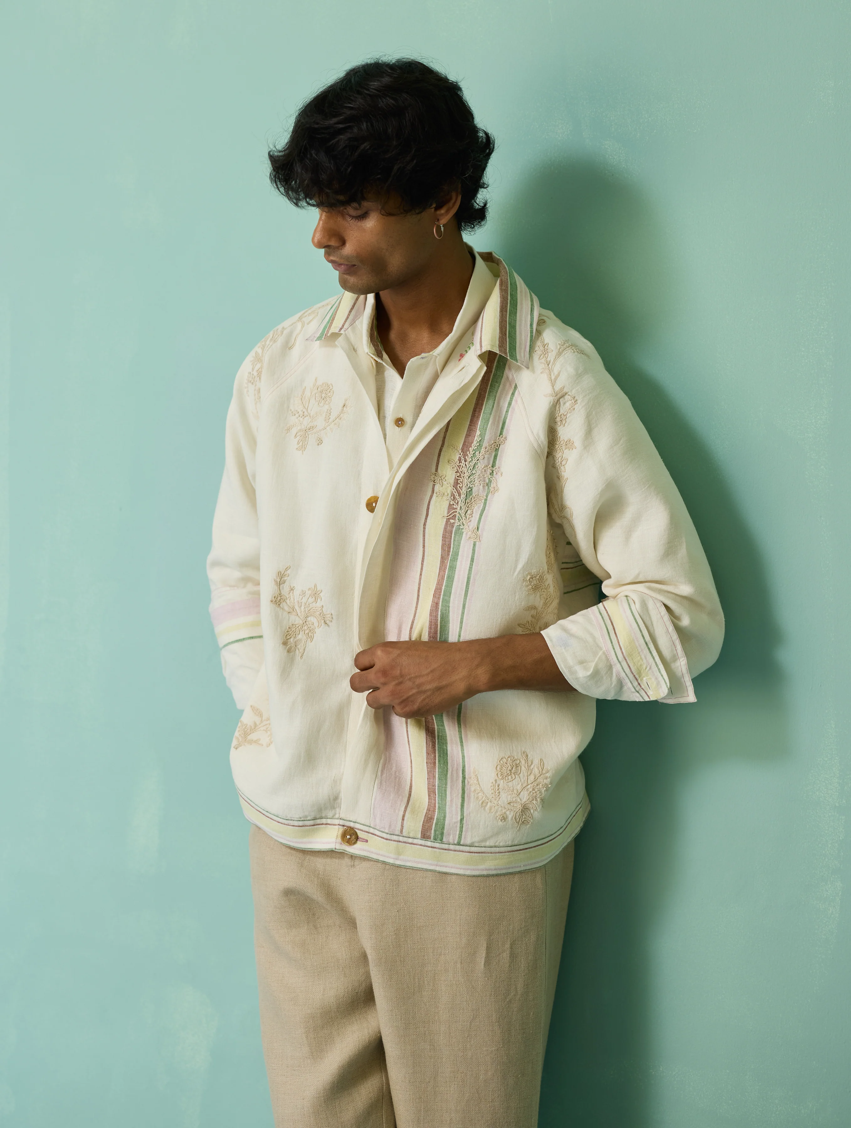 Sorren Hand-Embroidered Border Linen Jacket - Ivory - Image 16