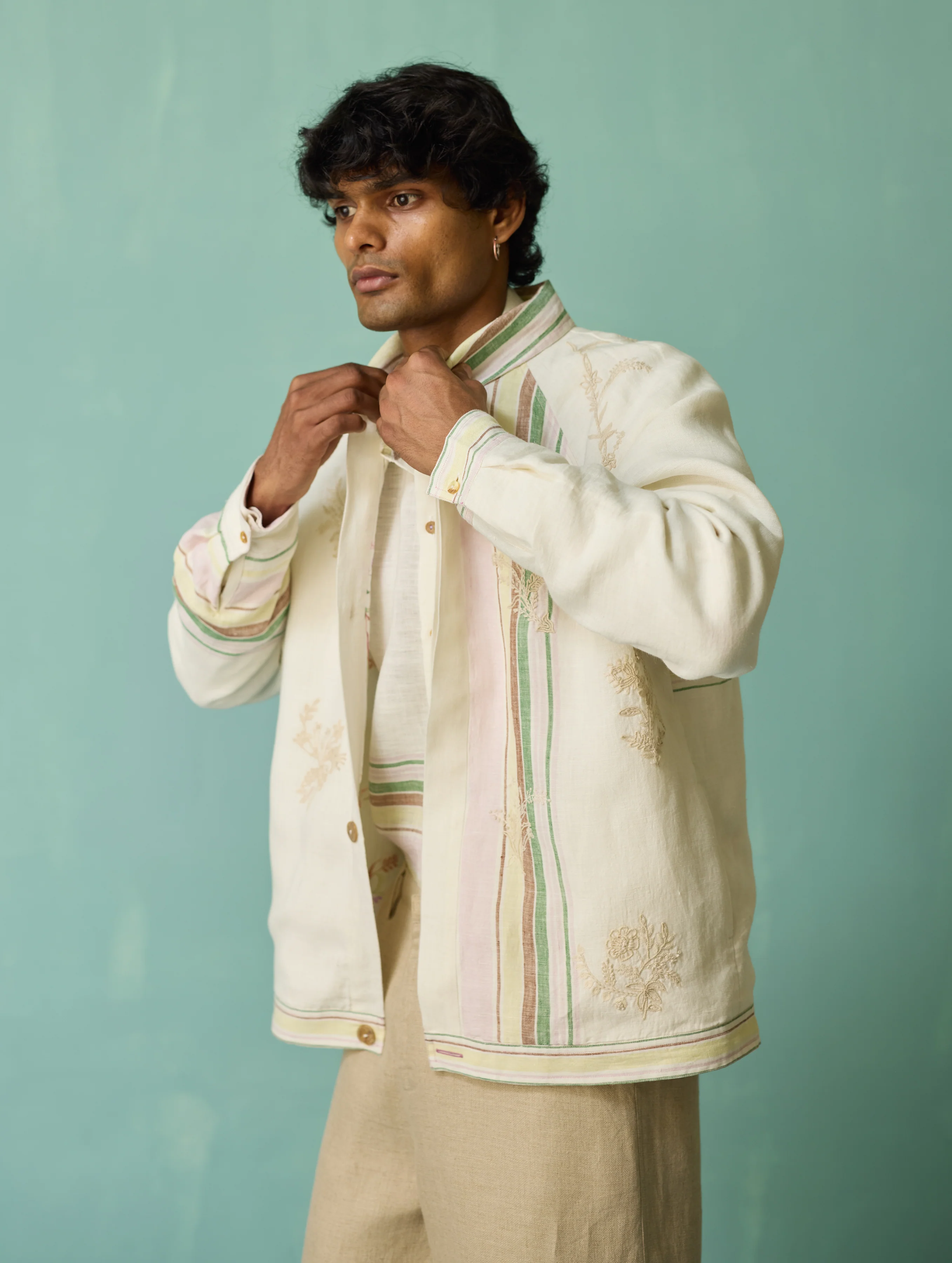 Sorren Hand-Embroidered Border Linen Jacket - Ivory - Image 17