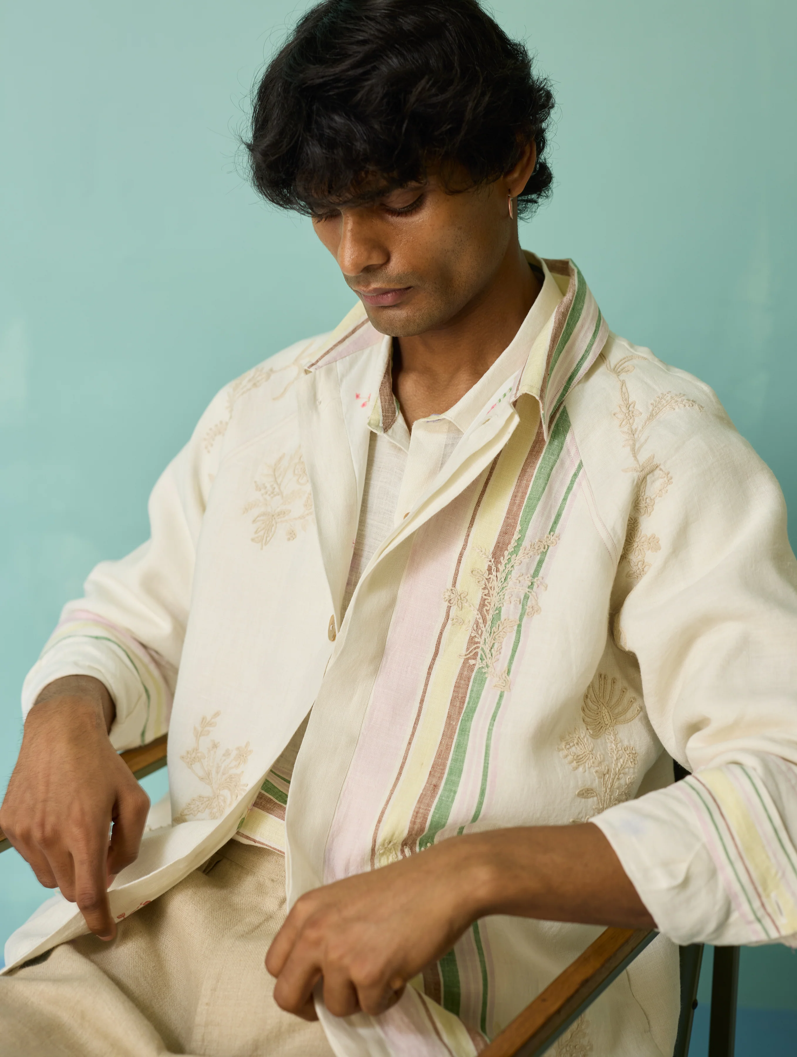 Sorren Hand-Embroidered Border Linen Jacket - Ivory - Image 18