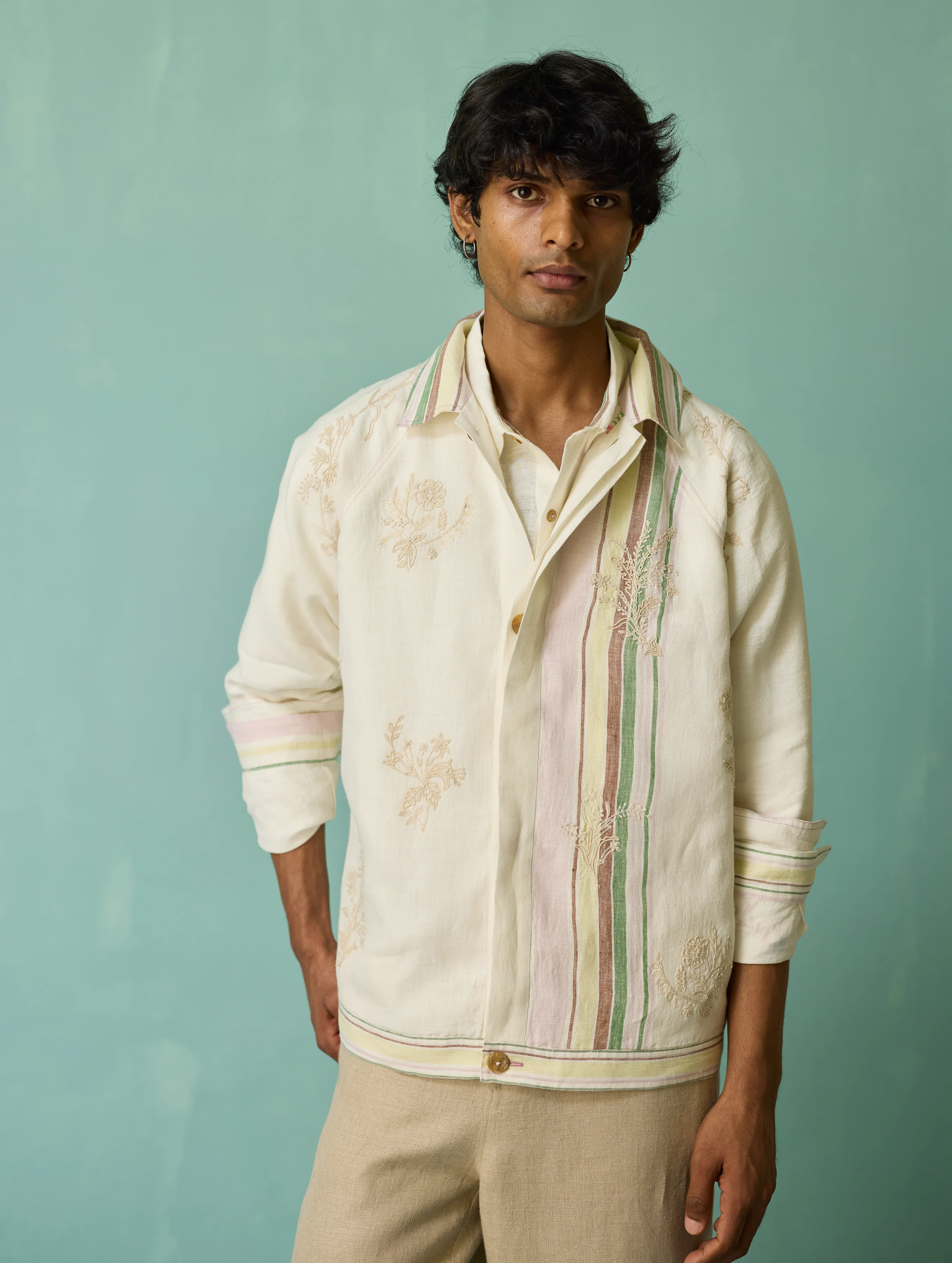 Sorren Hand-Embroidered Border Linen Jacket - Ivory - Image 2