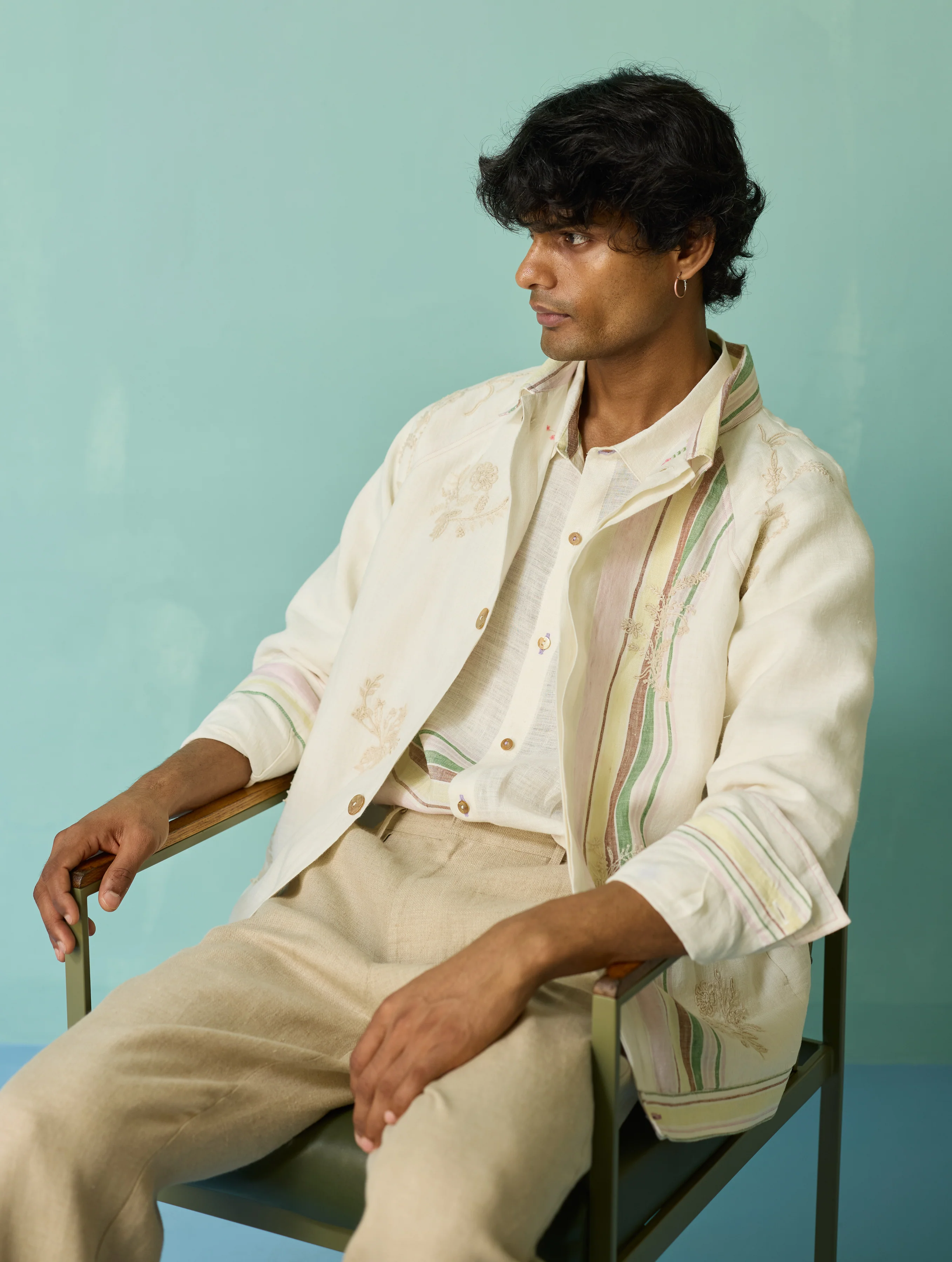 Sorren Hand-Embroidered Border Linen Jacket - Ivory - Image 3