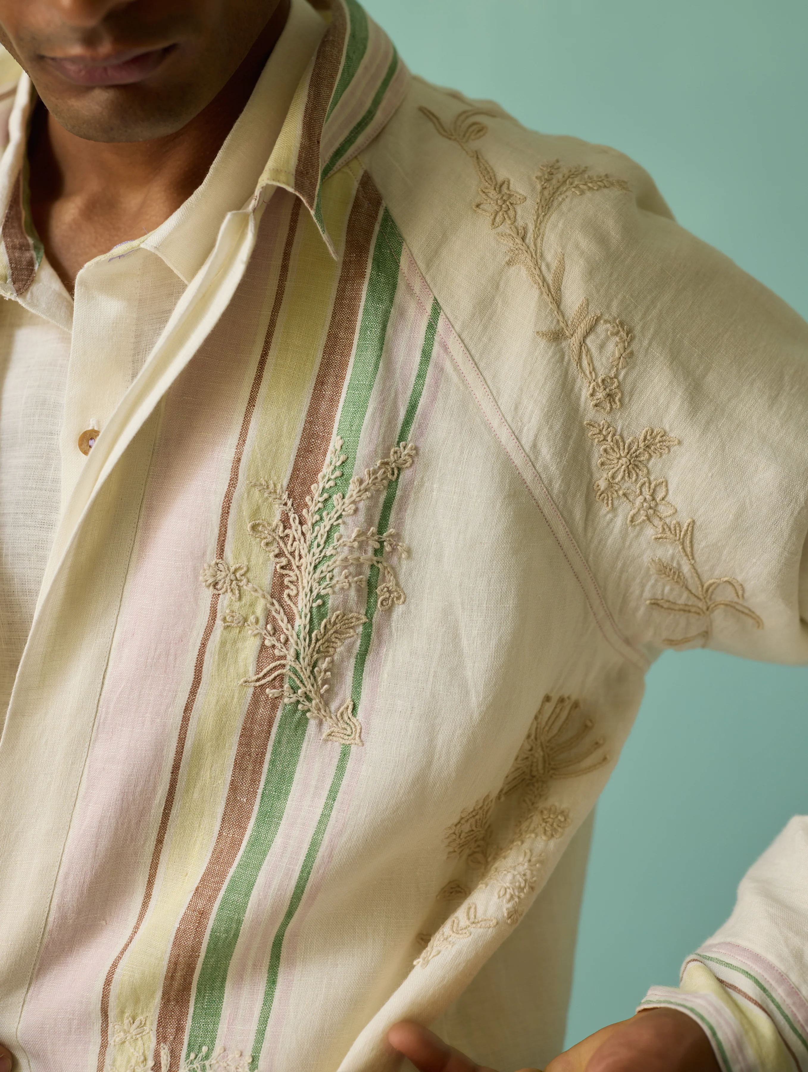Sorren Hand-Embroidered Border Linen Jacket - Ivory - Image 4