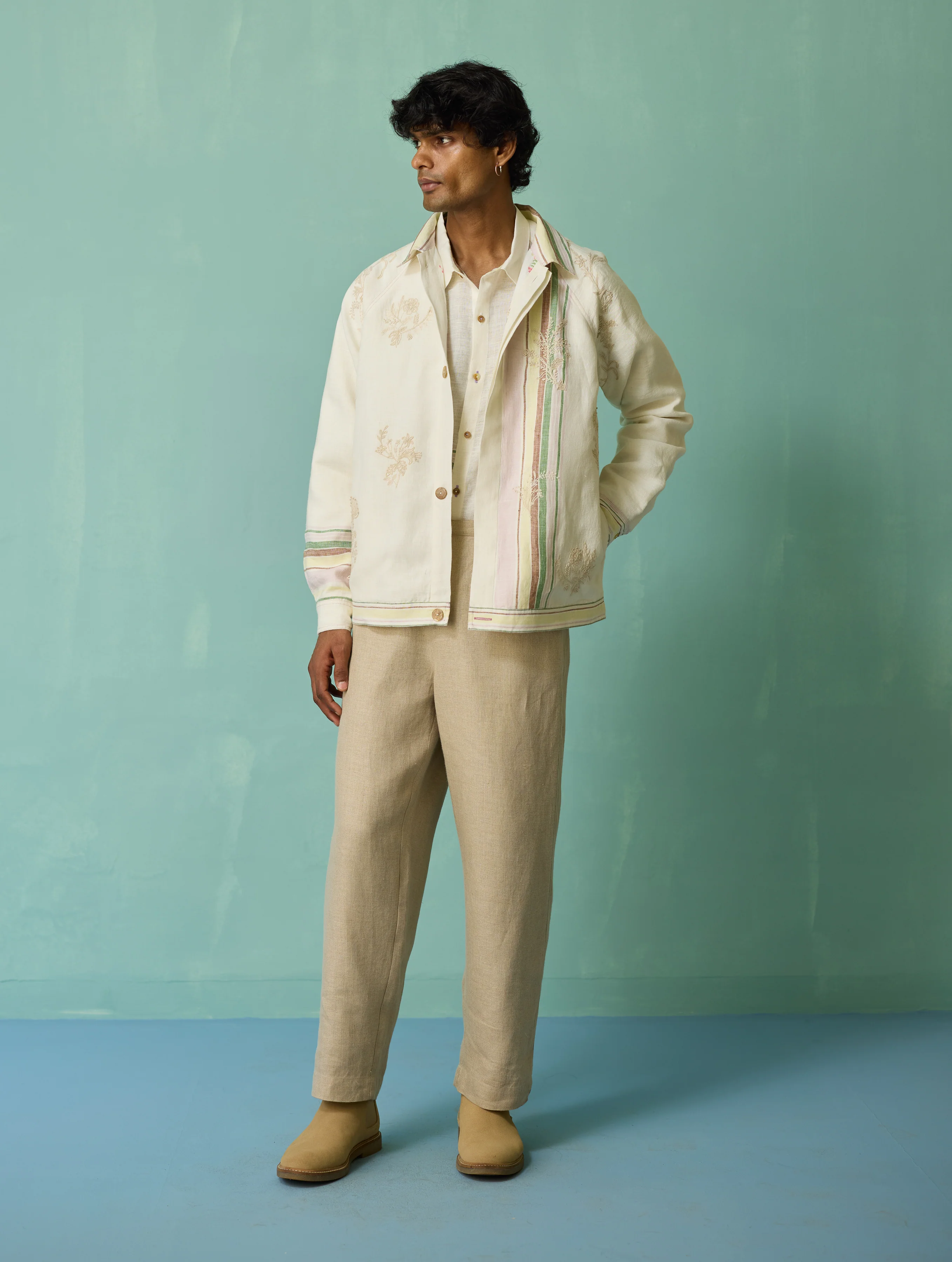 Sorren Hand-Embroidered Border Linen Jacket - Ivory - Image 5