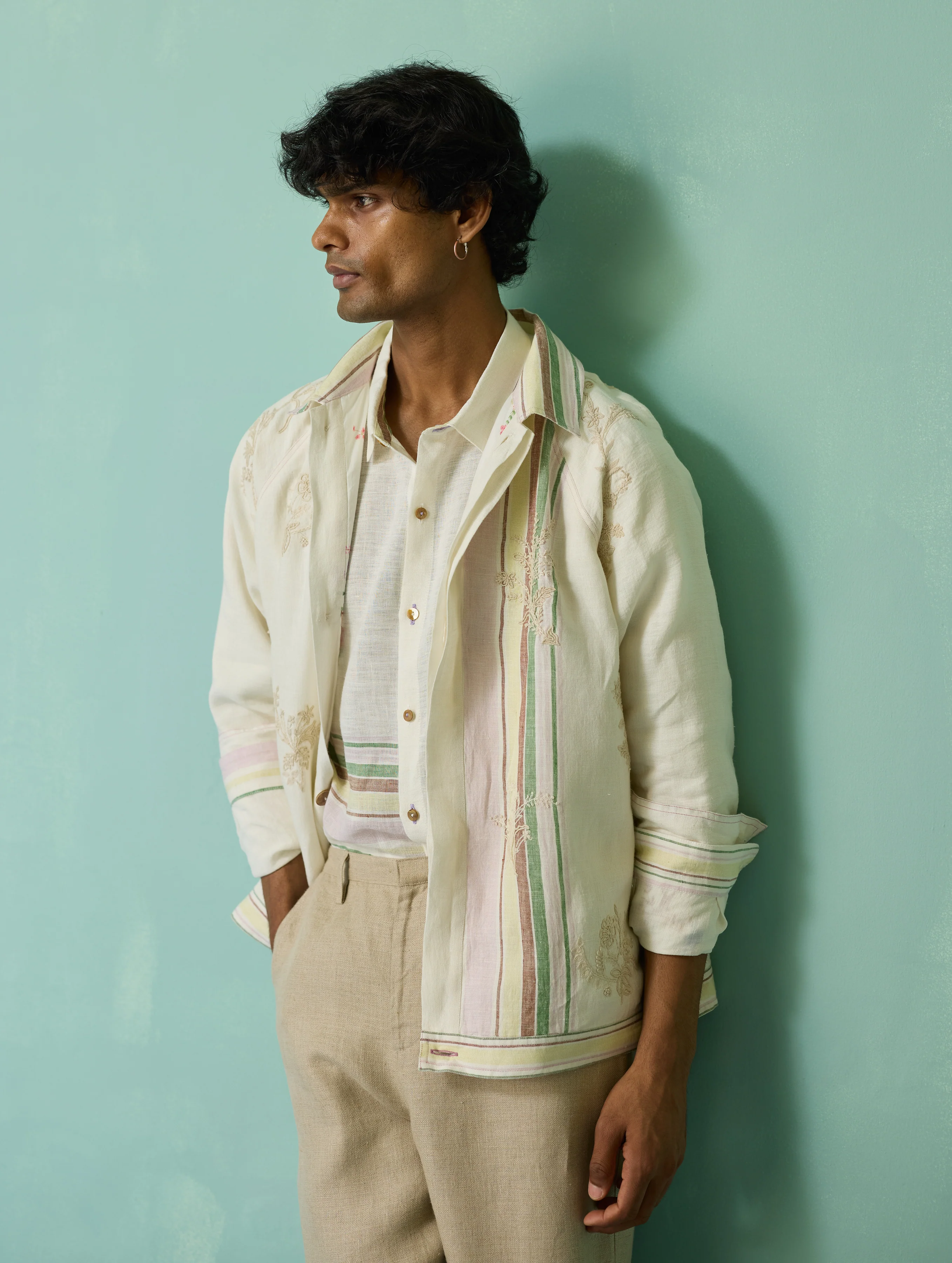 Sorren Hand-Embroidered Border Linen Jacket - Ivory - Image 6