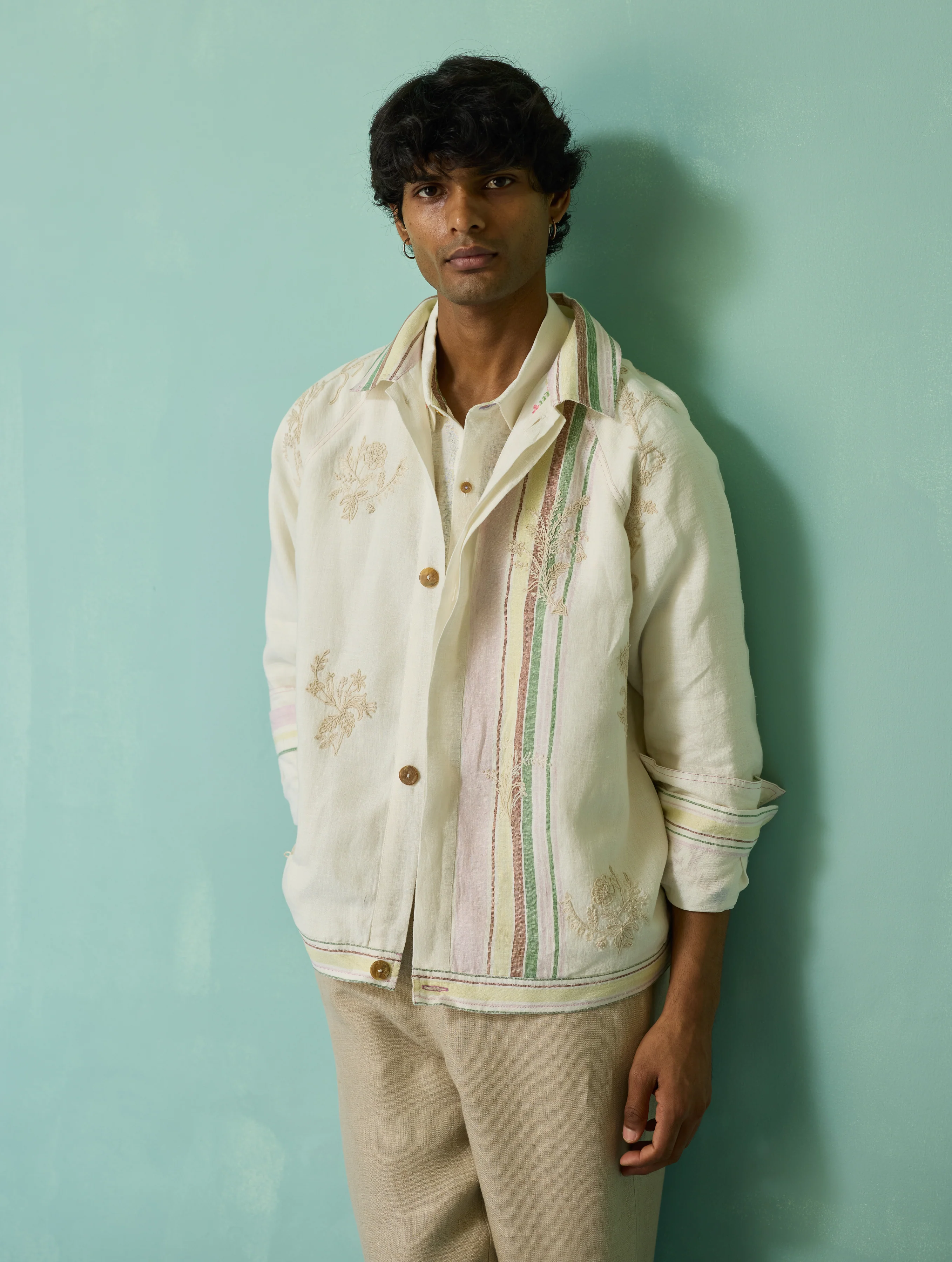 Sorren Hand-Embroidered Border Linen Jacket - Ivory - Image 7