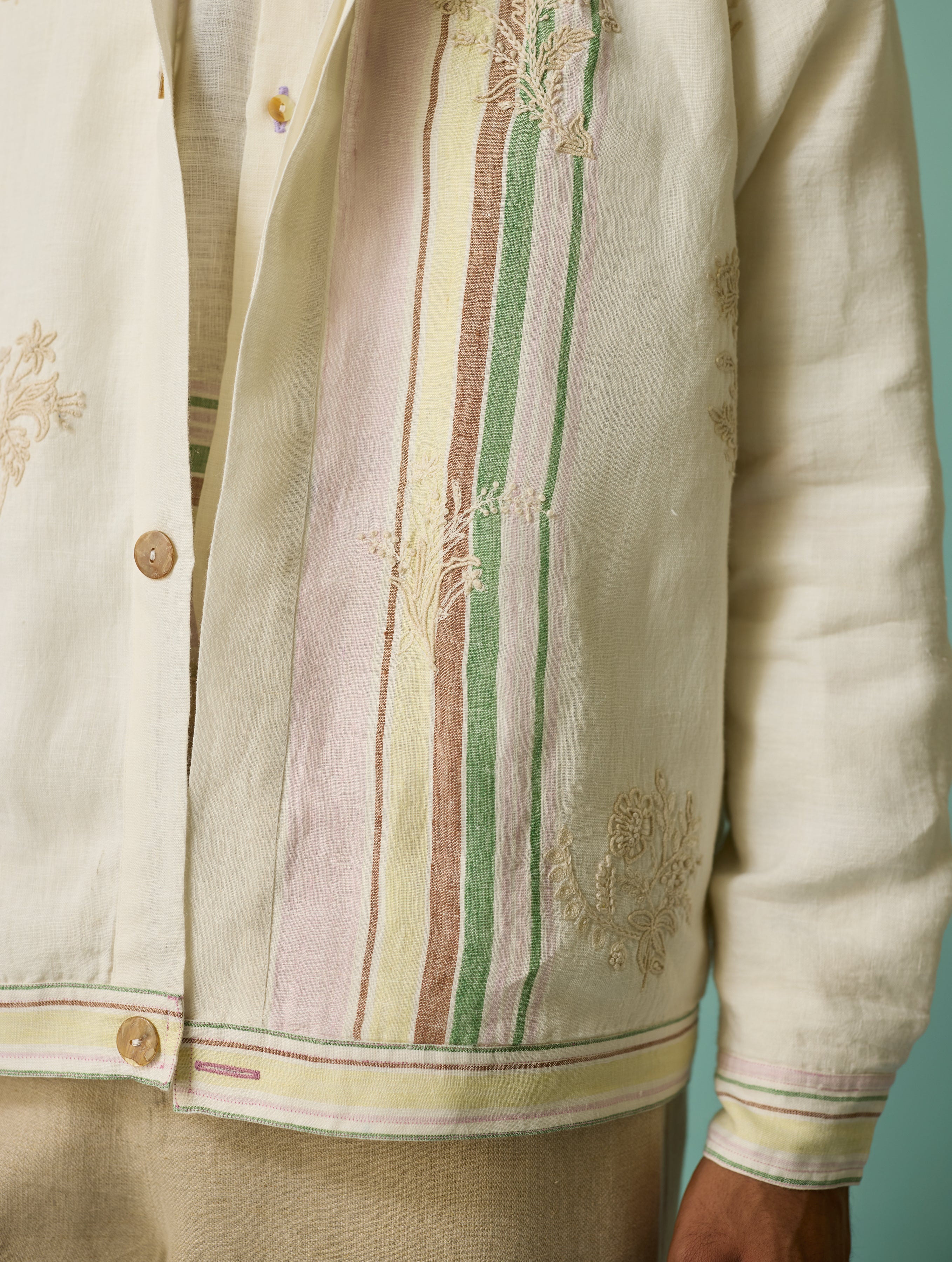 Sorren Hand-Embroidered Border Linen Jacket - Ivory - Image 8