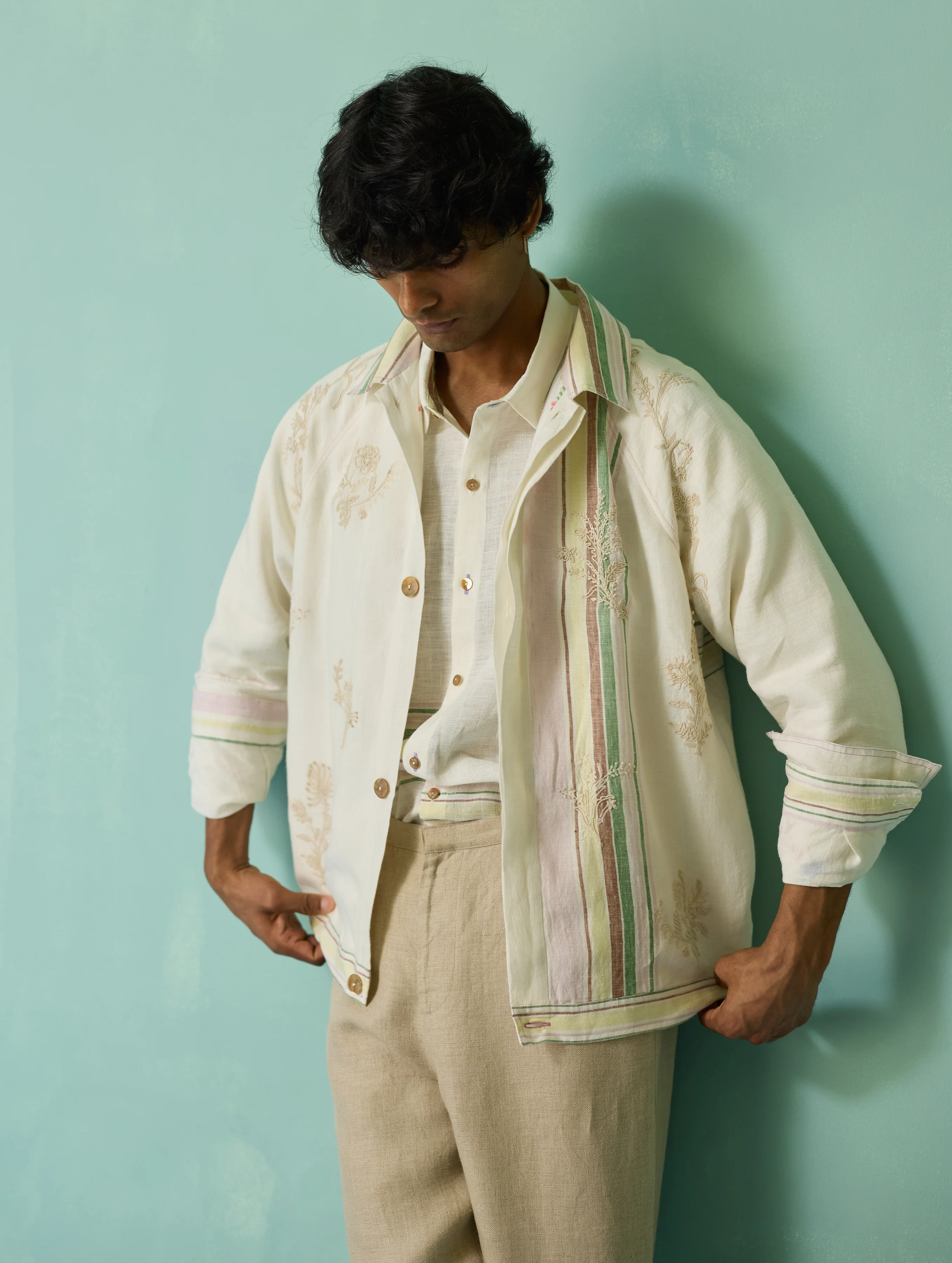 Sorren Hand-Embroidered Border Linen Jacket - Ivory - Image 9