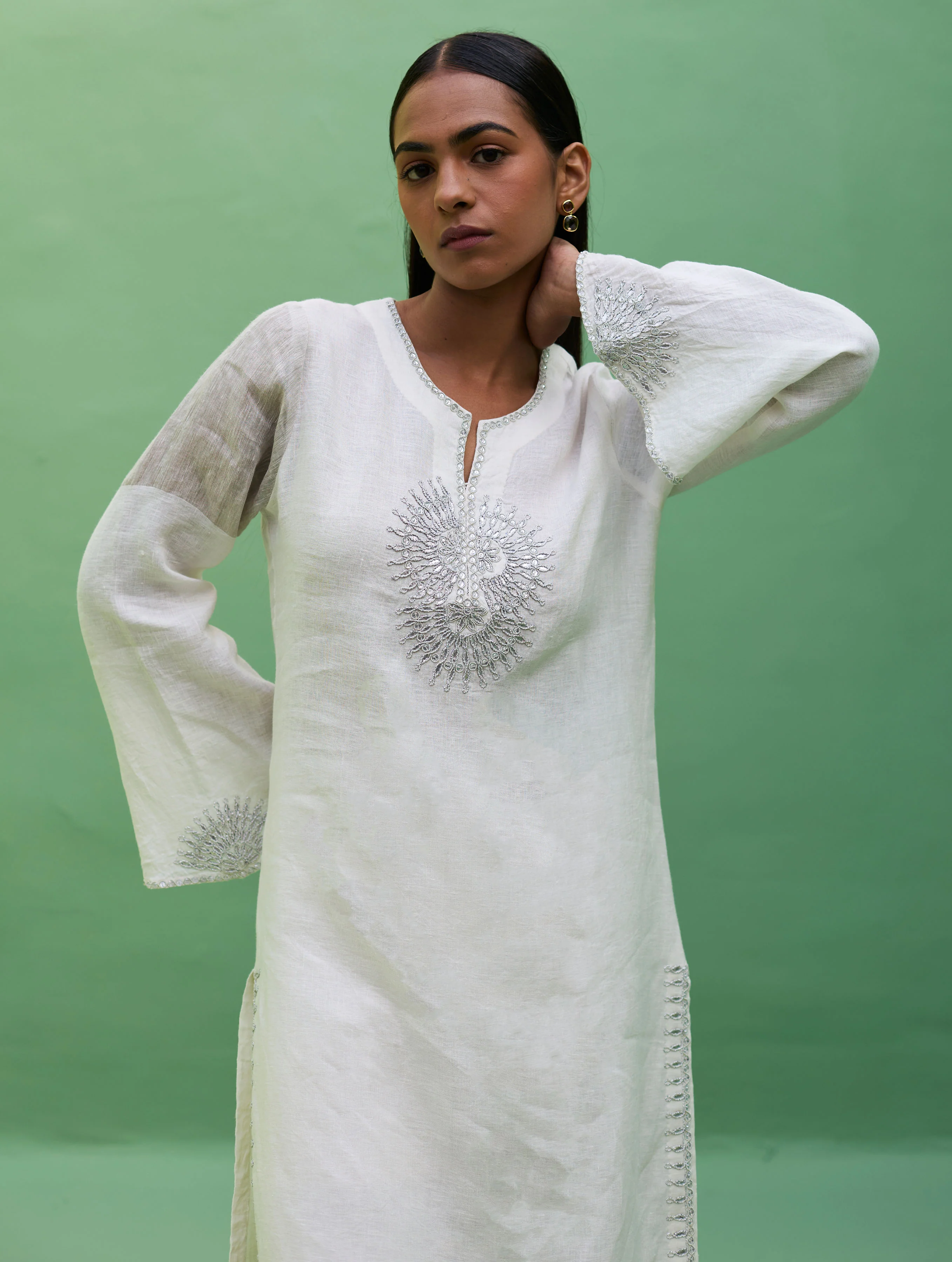 Susie Gotapatti Linen Kurta - Metallic Ivory - Image 12