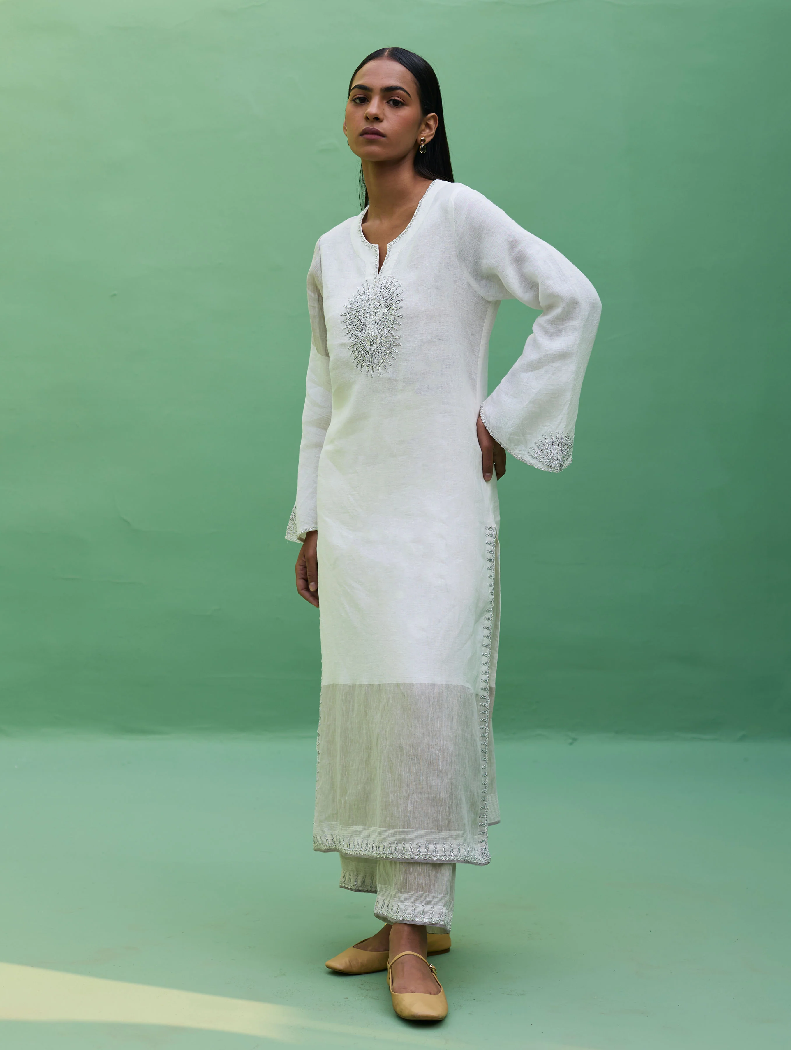 Susie Gotapatti Linen Kurta - Metallic Ivory - Image 4