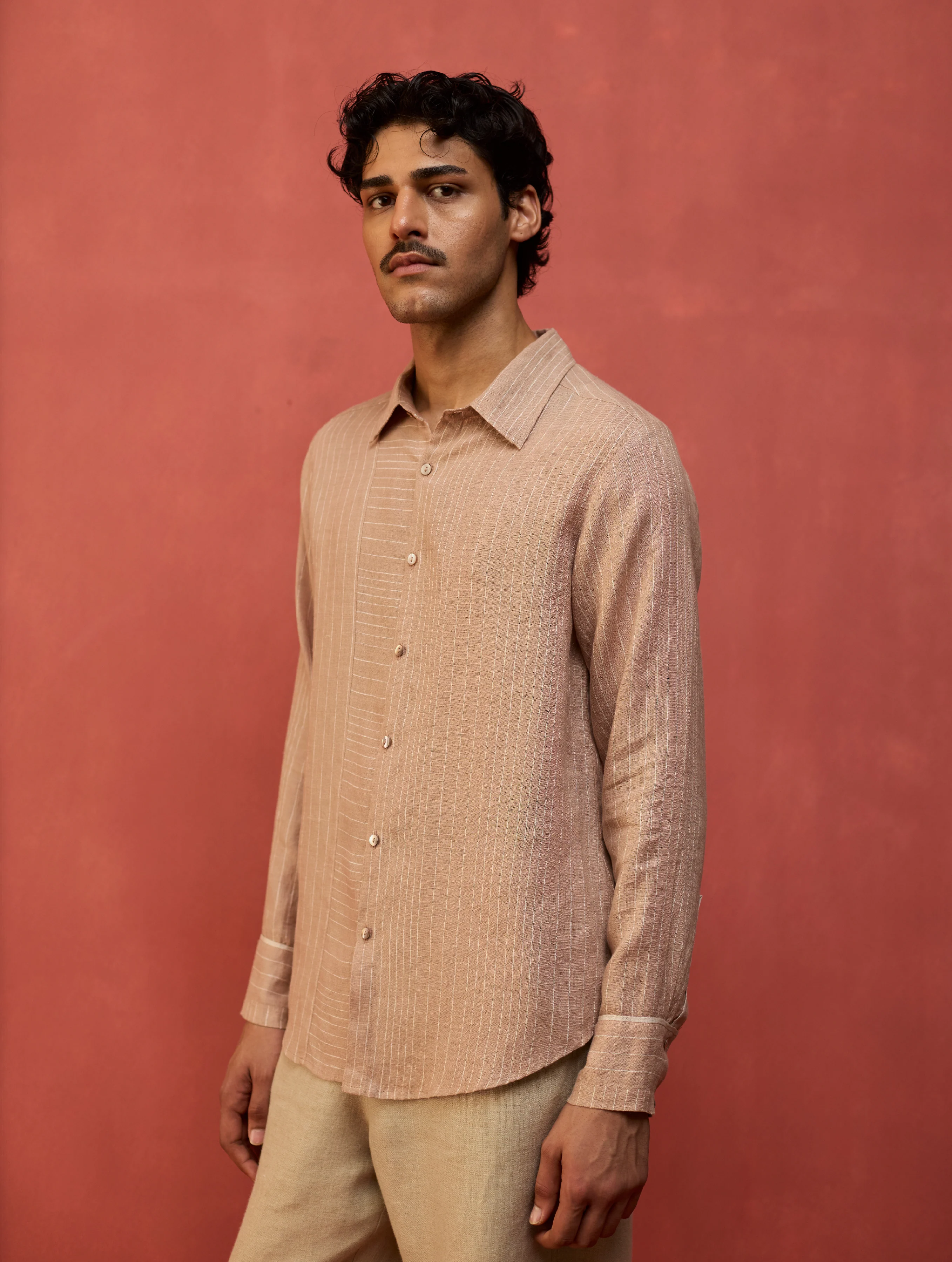 Taka Panelled Stripe Linen Shirt - Dusty Rose - Image 4