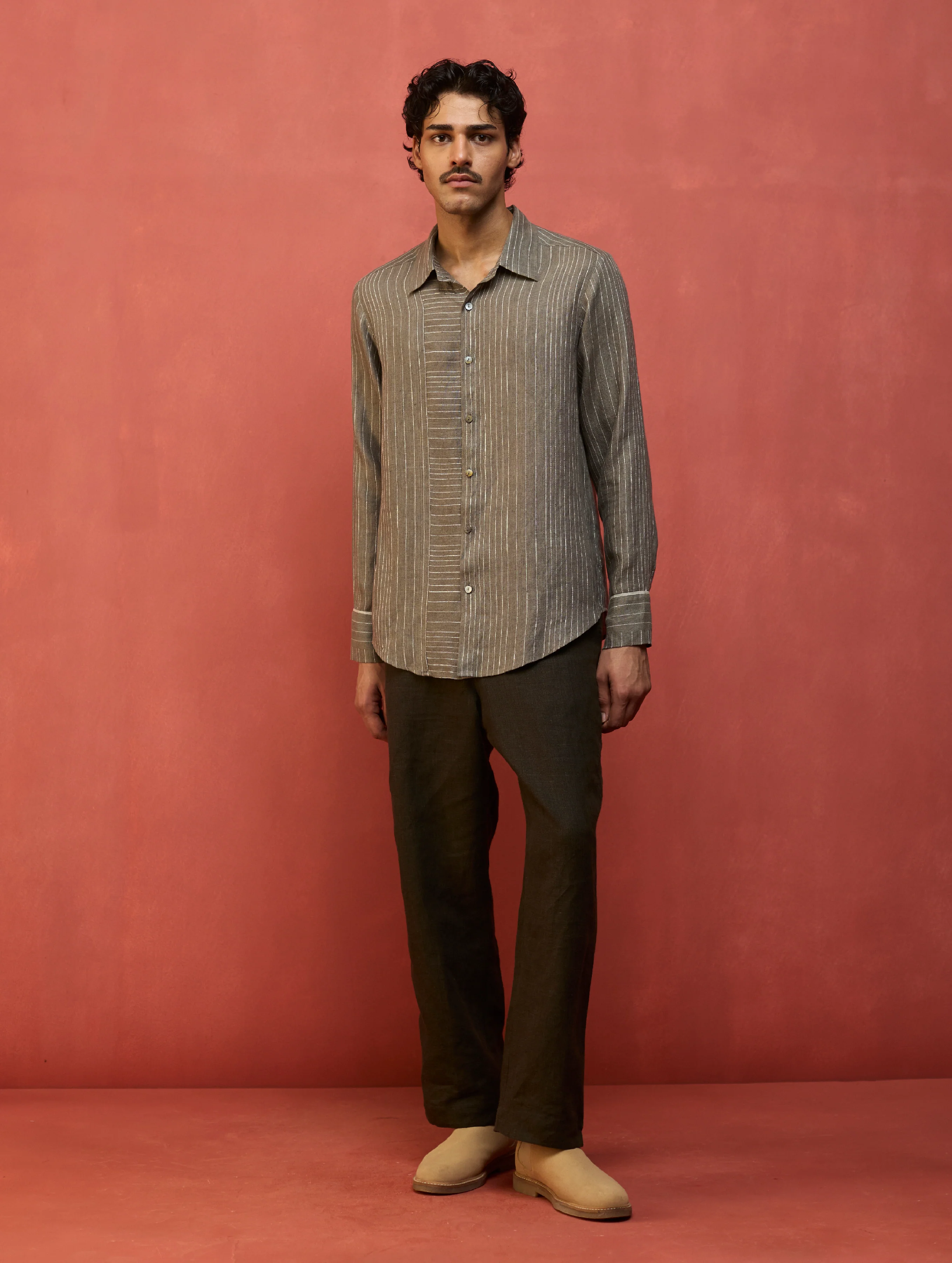 Taka Panelled Stripe Linen Shirt - Grey - Image 10