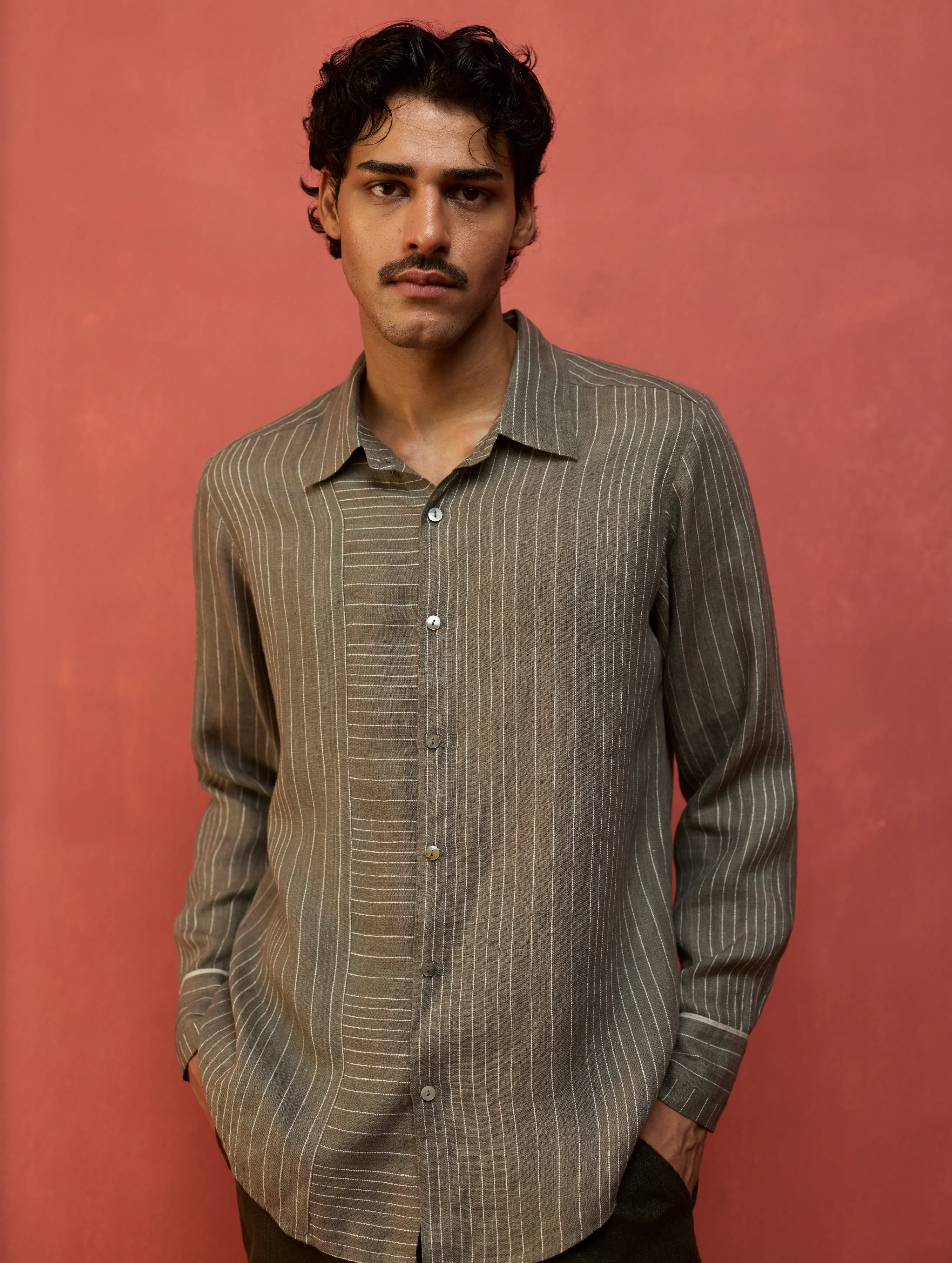 Taka Panelled Stripe Linen Shirt - Grey - Image 2
