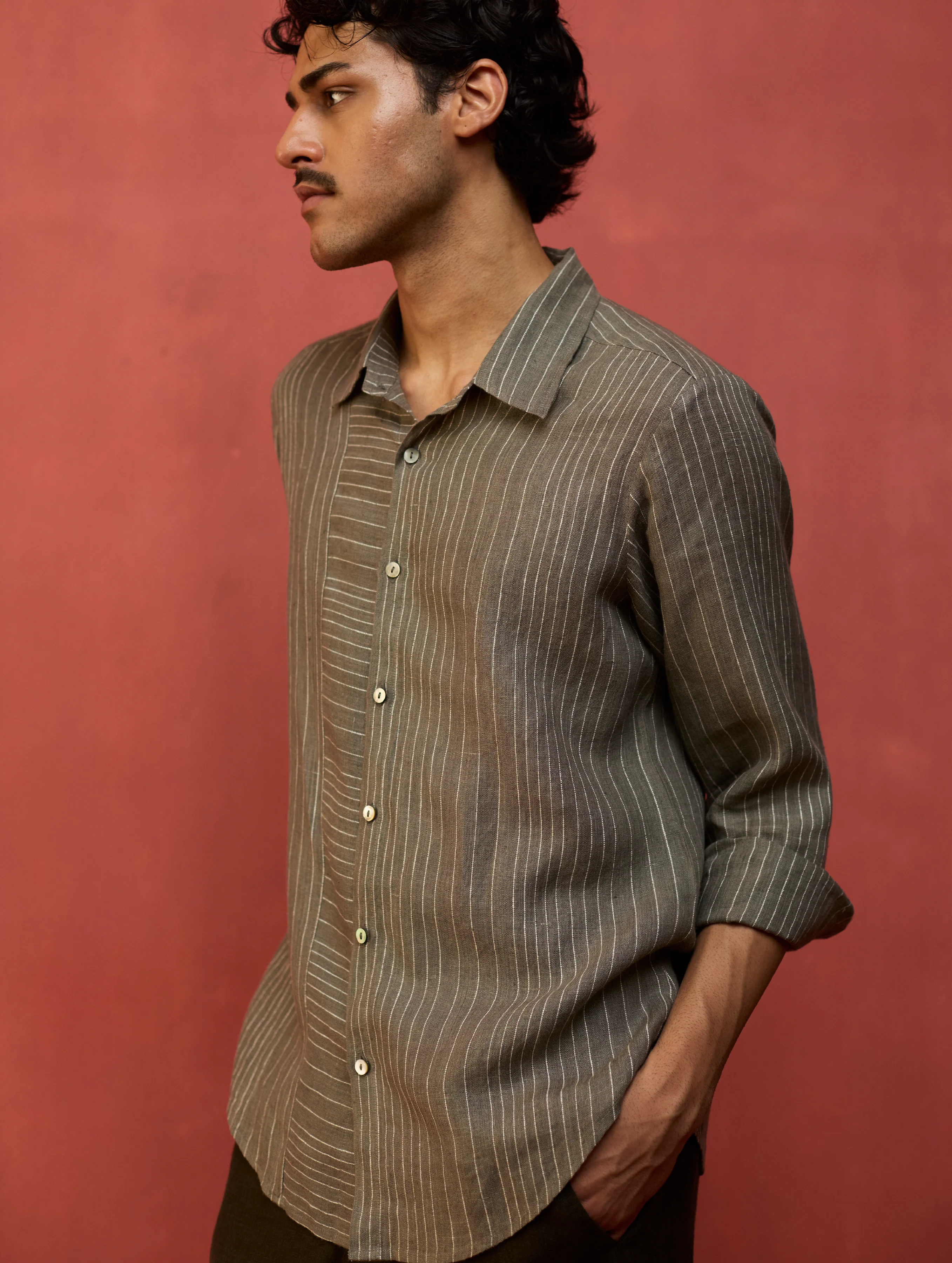 Taka Panelled Stripe Linen Shirt - Grey - Image 3