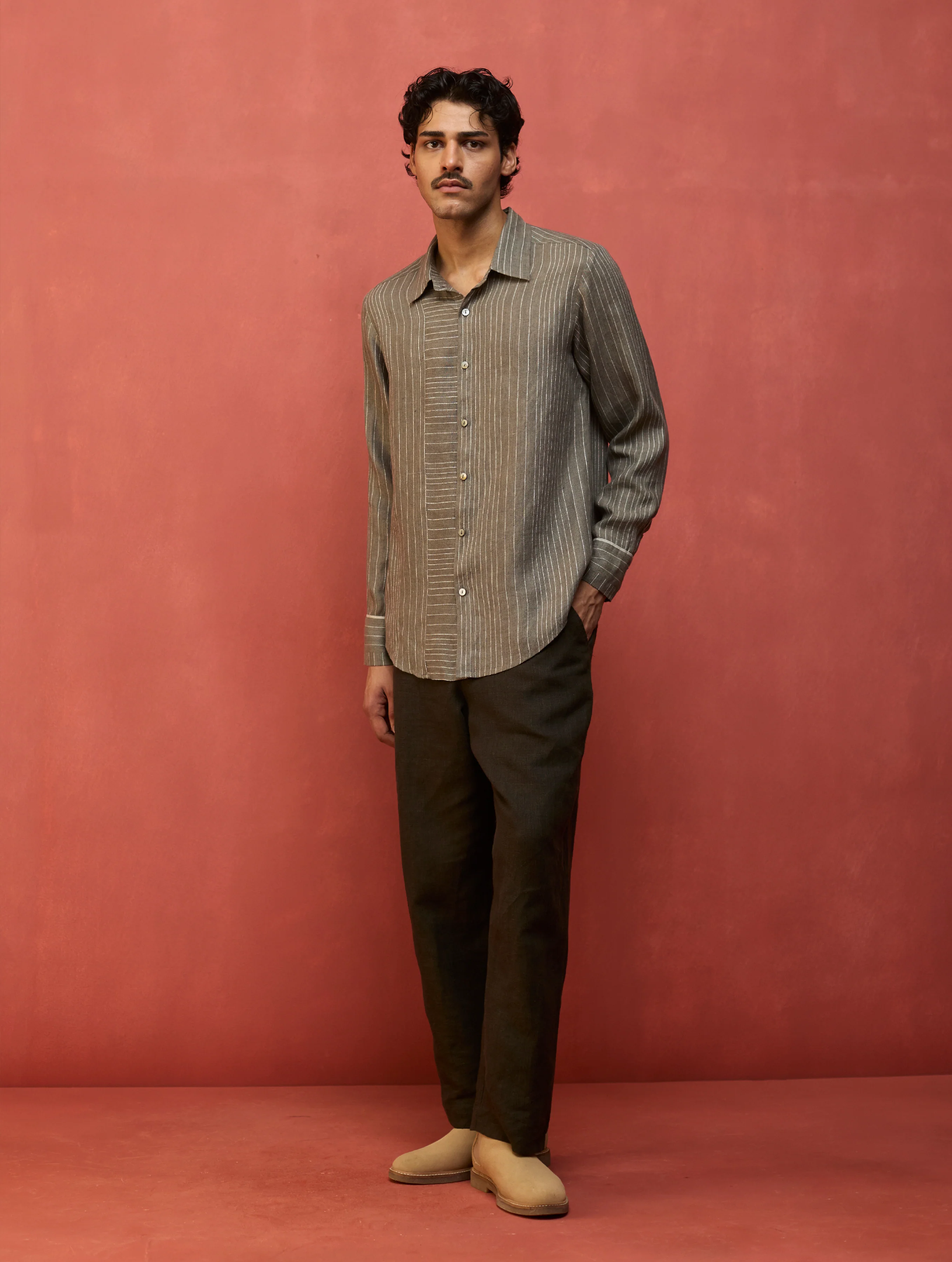 Taka Panelled Stripe Linen Shirt - Grey - Image 4