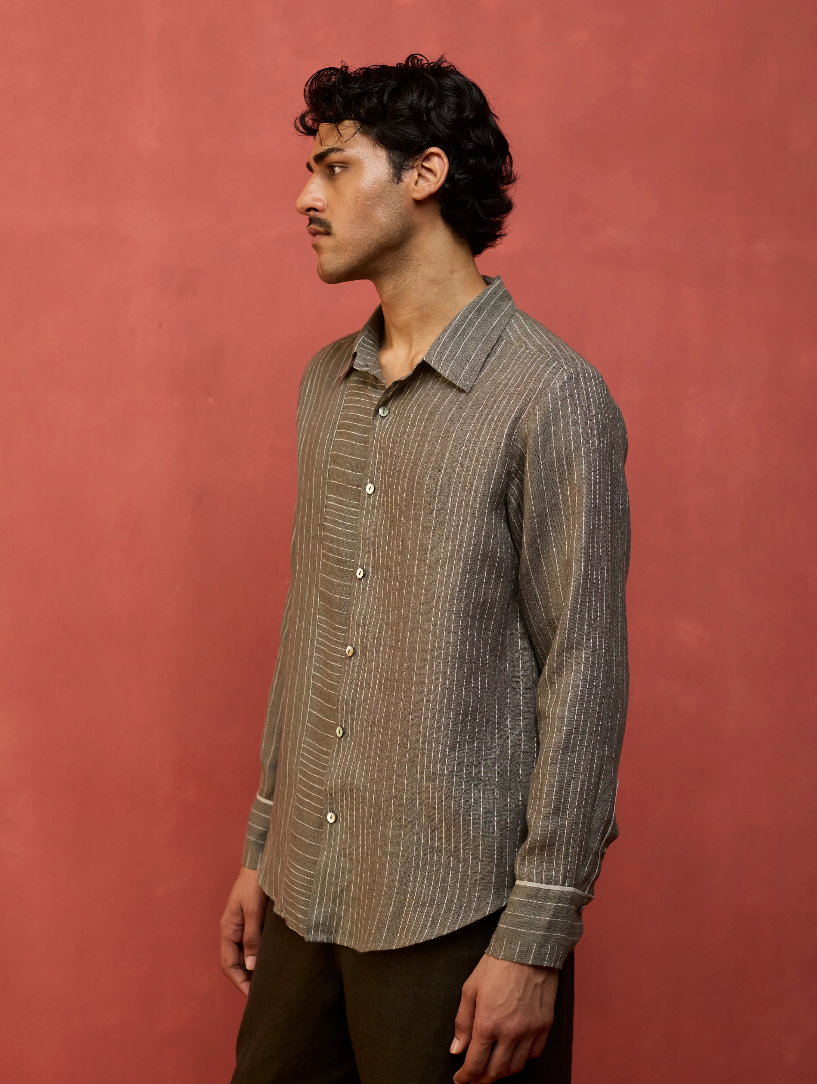 Taka Panelled Stripe Linen Shirt - Grey - Image 5