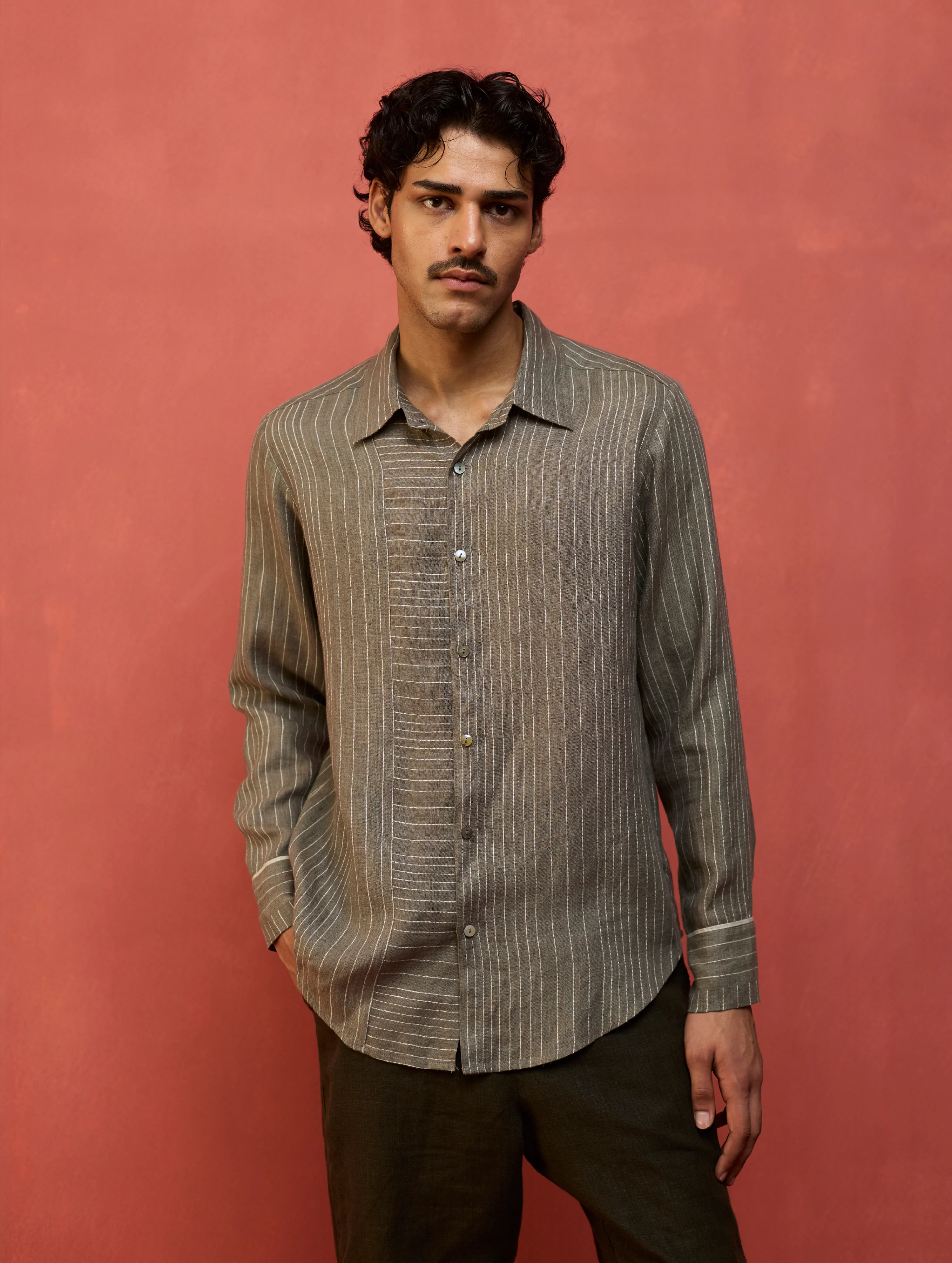 Taka Panelled Stripe Linen Shirt - Grey - Image 6