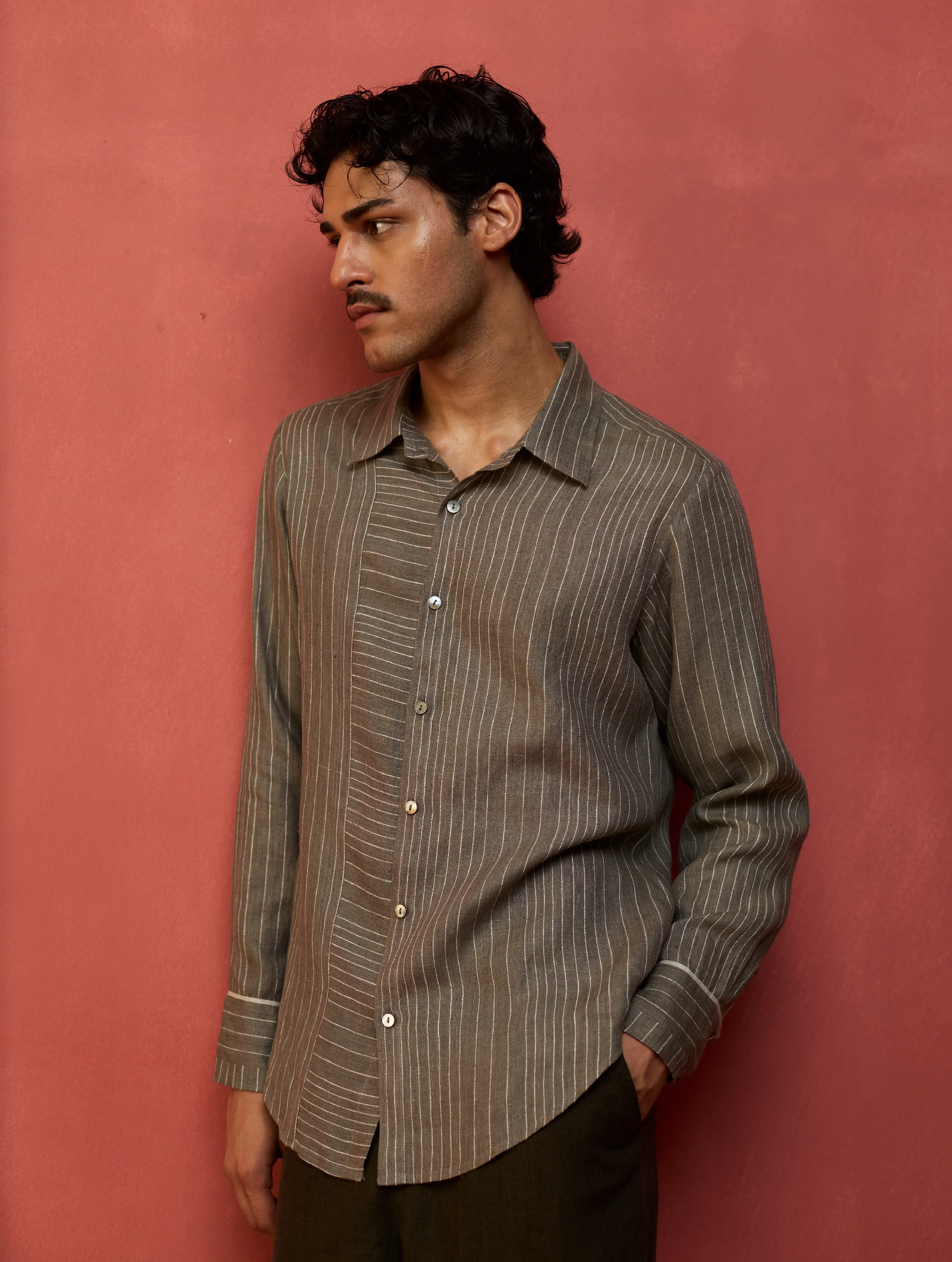 Taka Panelled Stripe Linen Shirt - Grey - Image 7