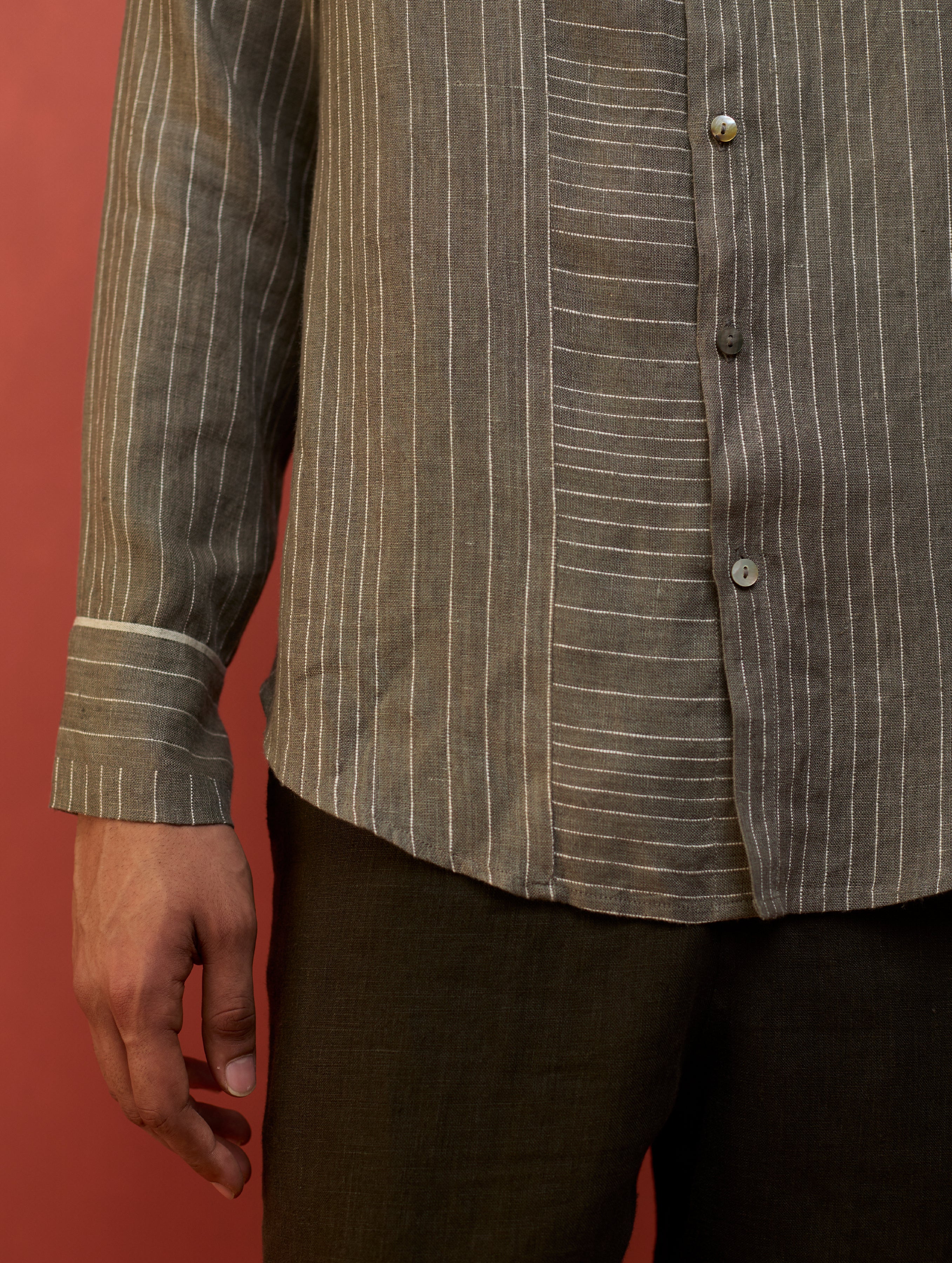 Taka Panelled Stripe Linen Shirt - Grey - Image 8