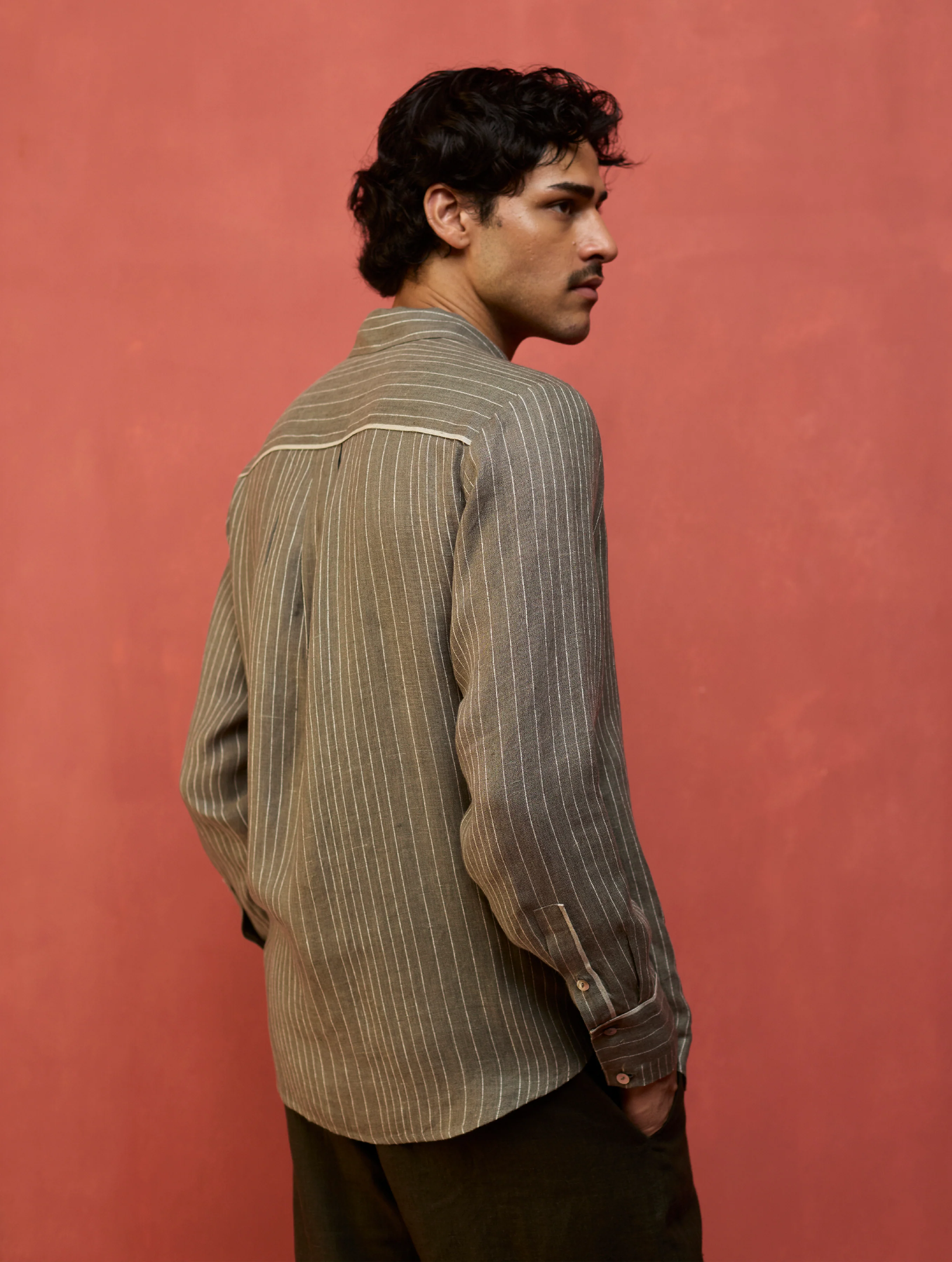 Taka Panelled Stripe Linen Shirt - Grey - Image 9