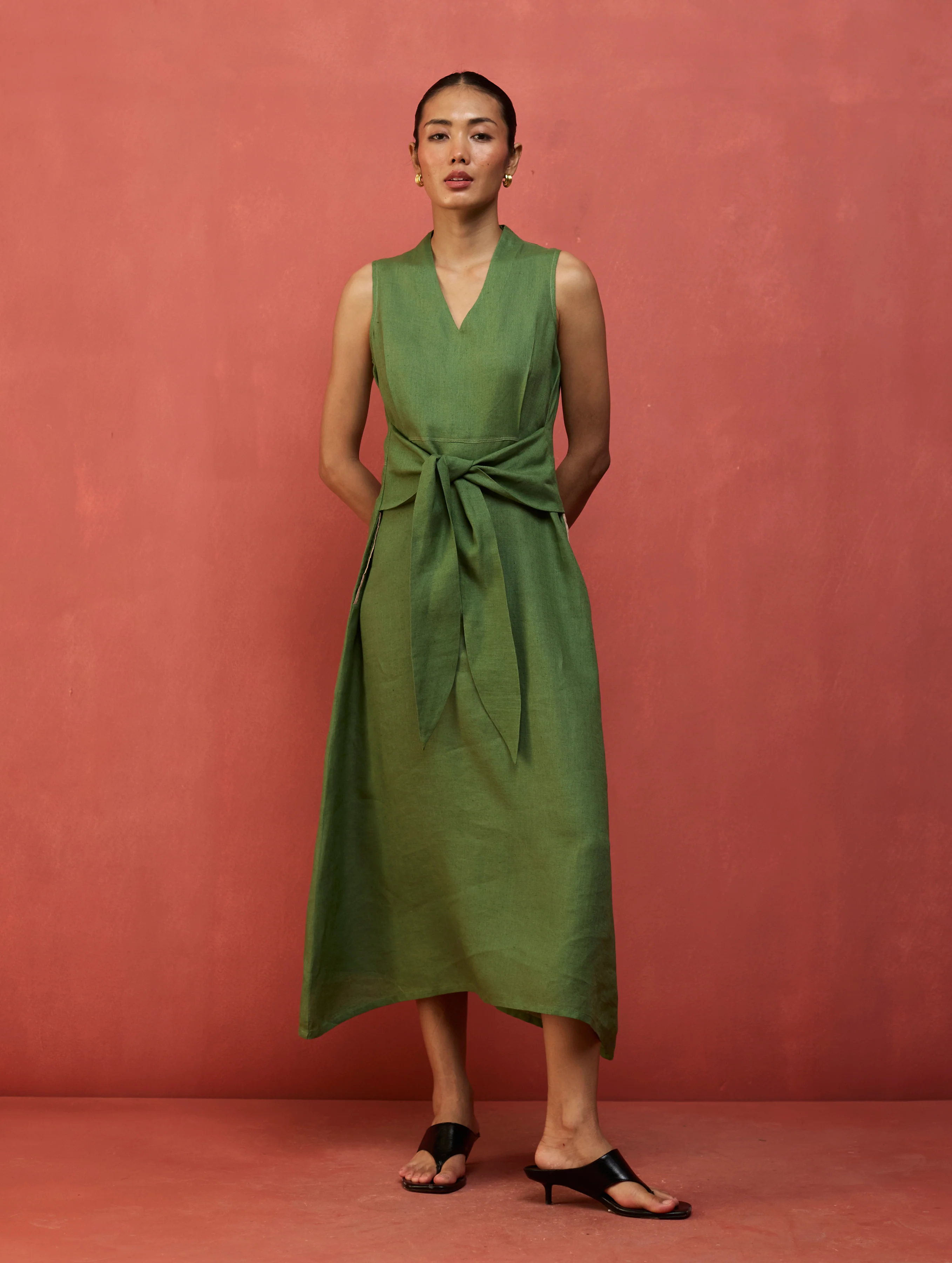 Tako Sleeveless Linen Knot Dress - Fern Green - Image 2