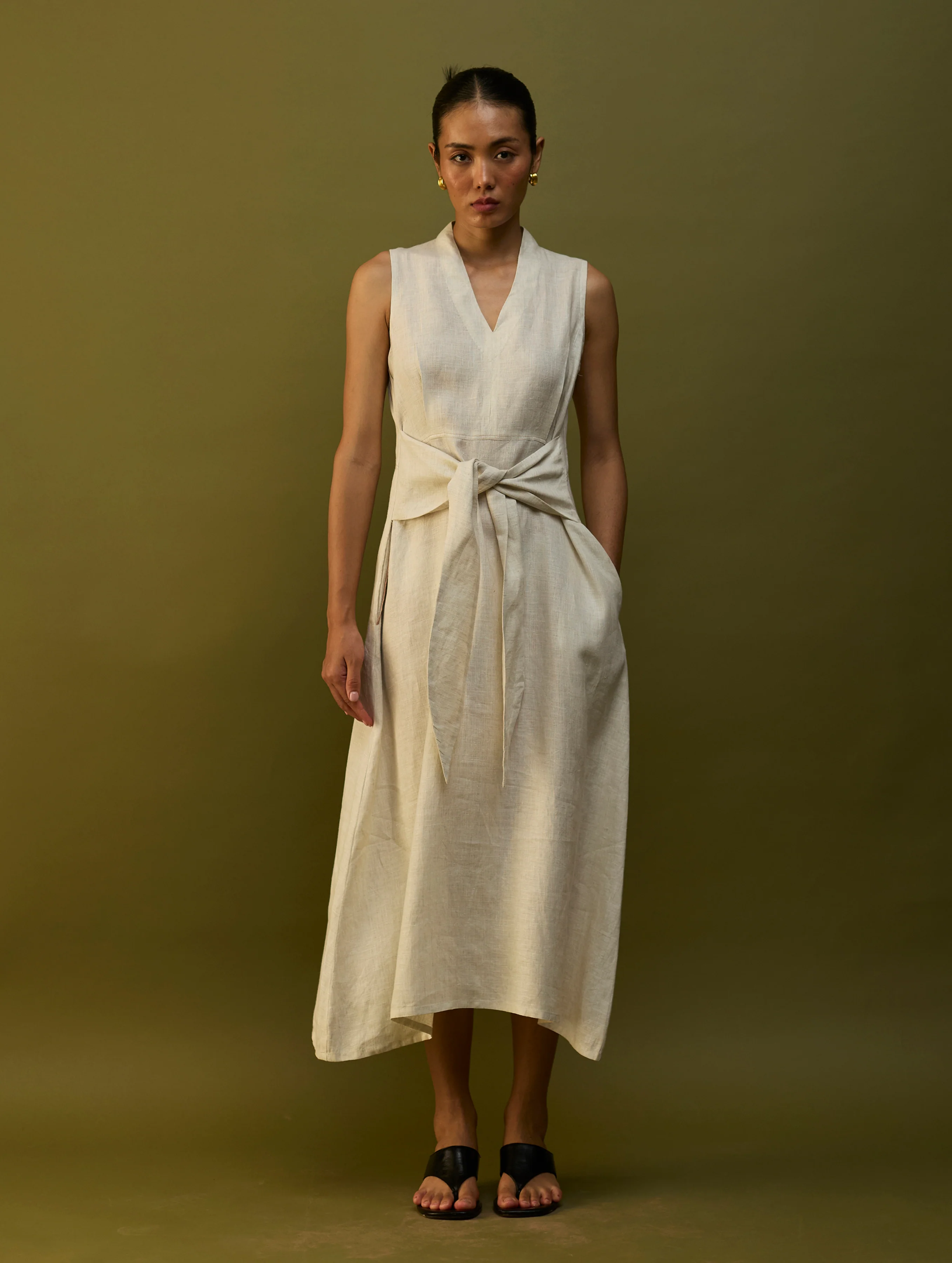 Tako Sleeveless Linen Knot Dress - Off White - Image 2