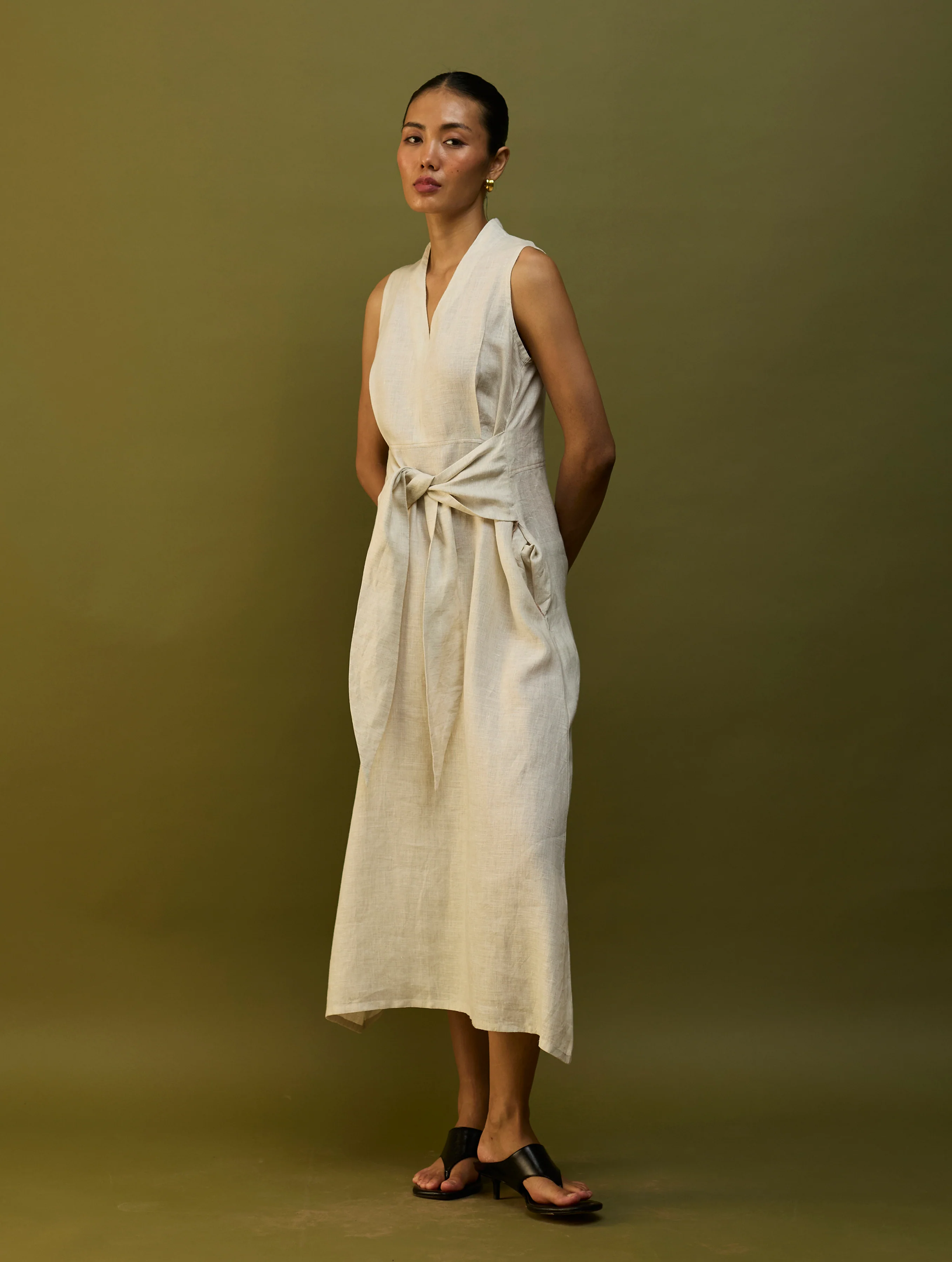 Tako Sleeveless Linen Knot Dress - Off White - Image 5