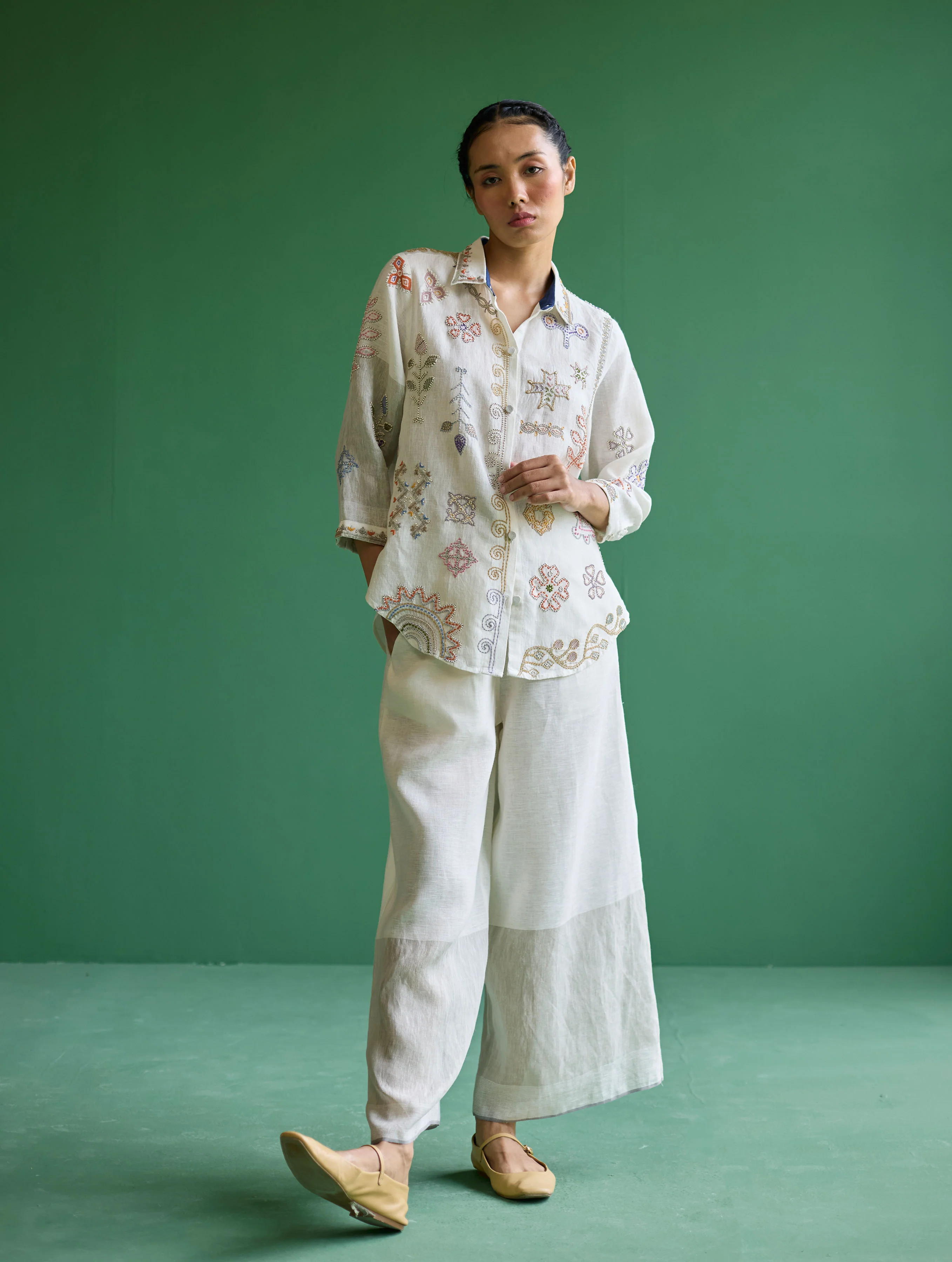 Tansa Hand-Embroidered Metallic Linen Shirt - Ivory - Image 3