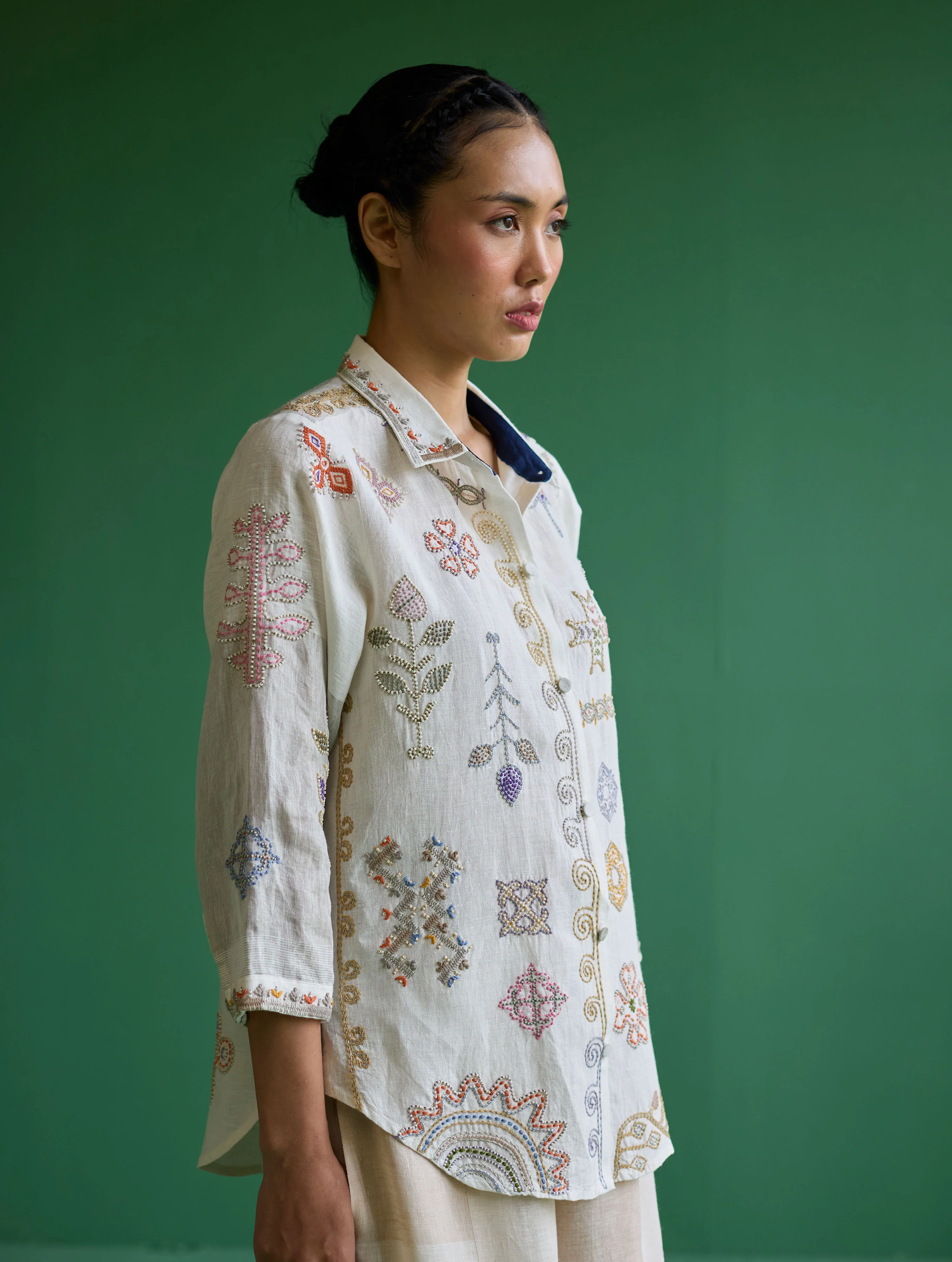 Tansa Hand-Embroidered Metallic Linen Shirt - Ivory - Image 6