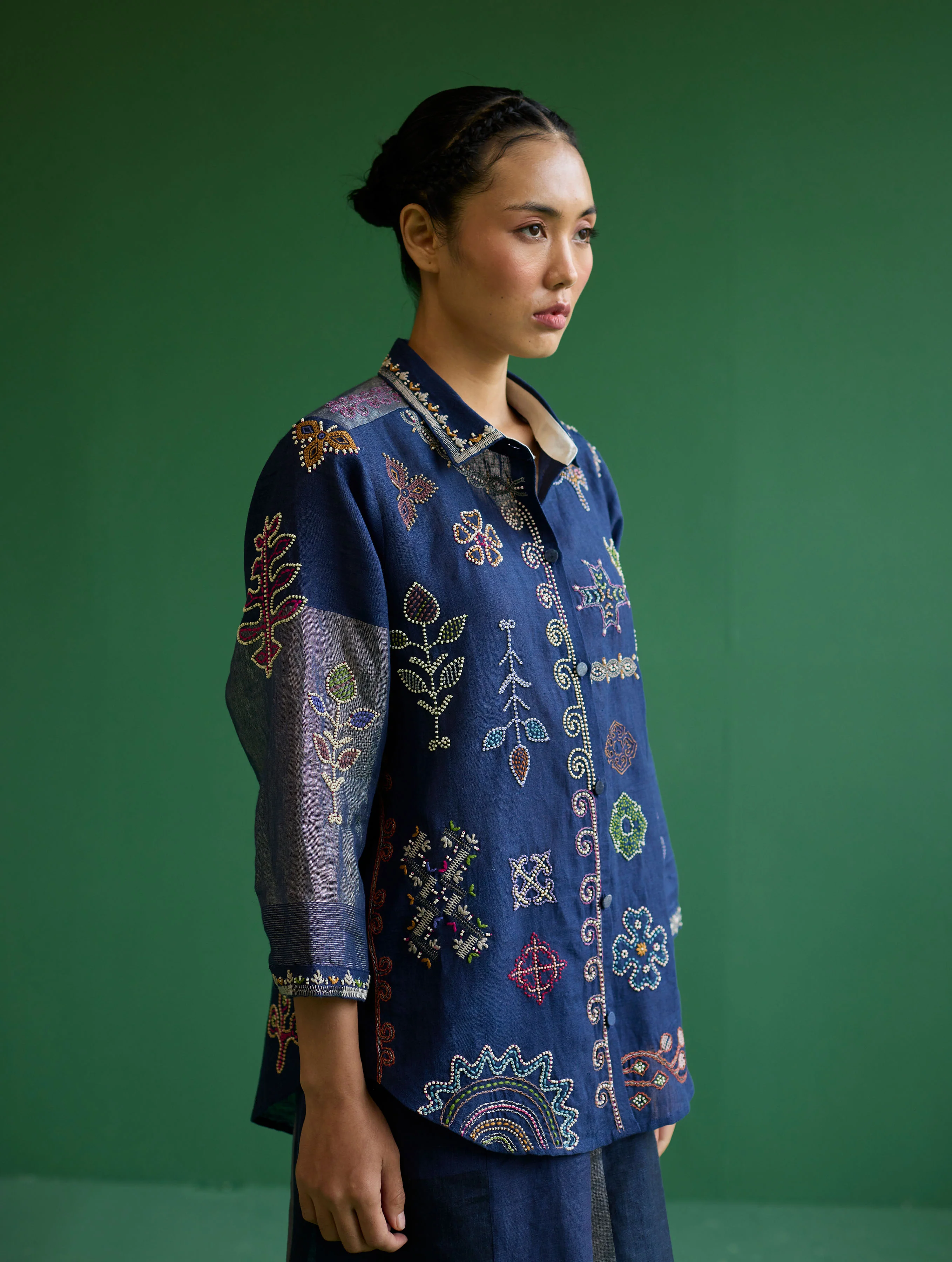 Tansa Hand-Embroidered Metallic Linen Shirt - Navy - Image 3