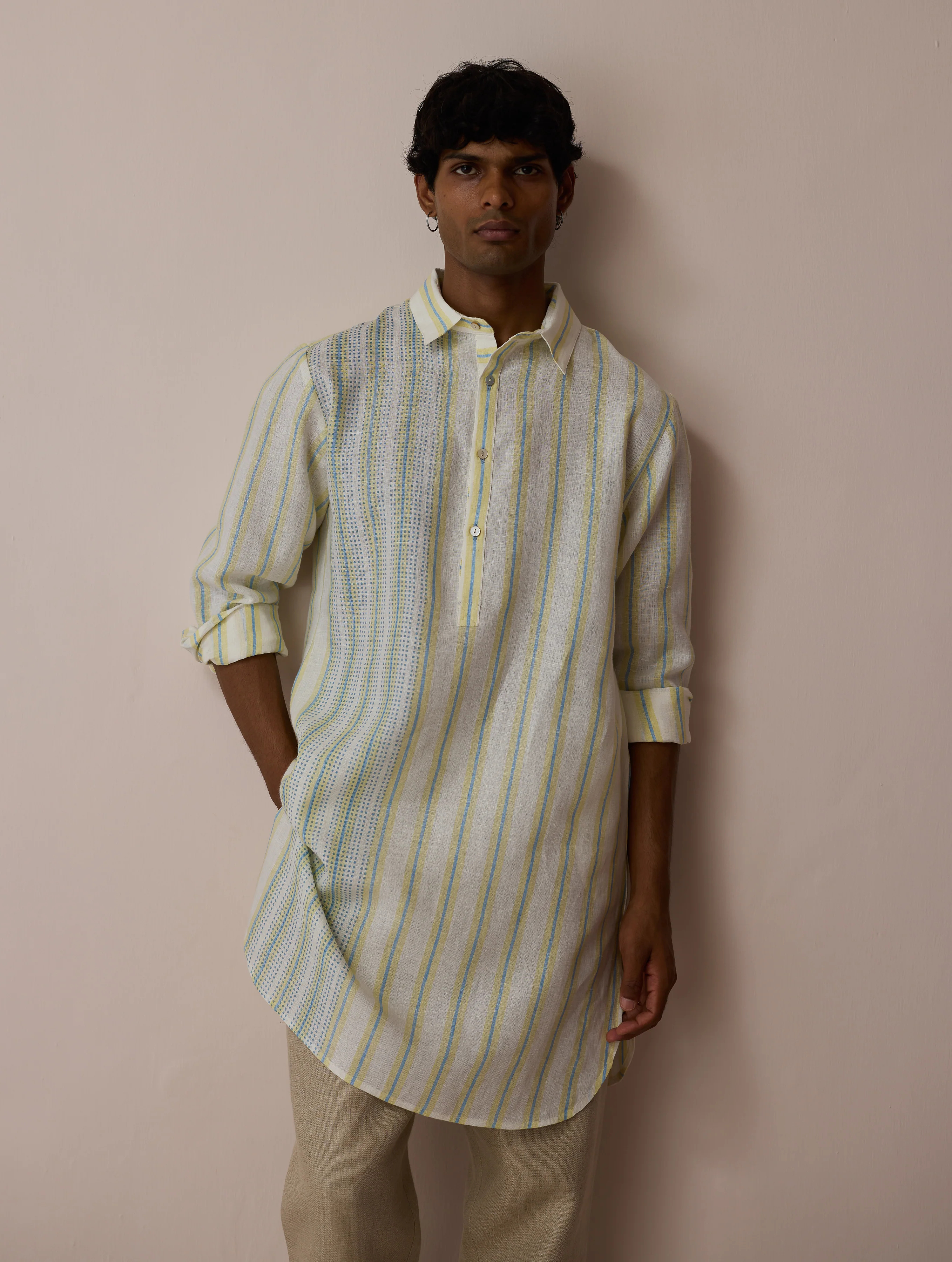 Taro Block-Printed Stripe Linen Kurta - Ivory - Image 2