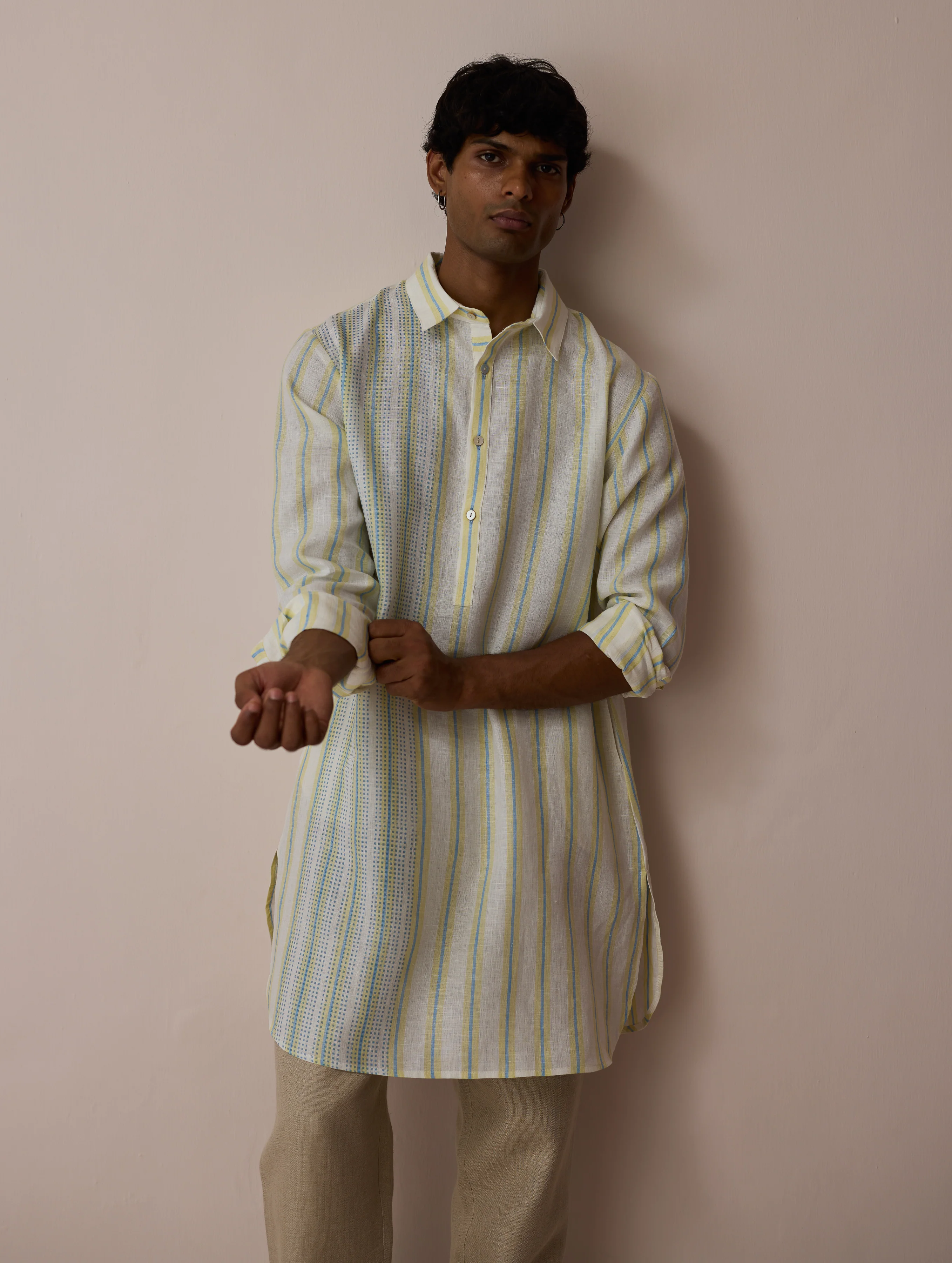 Taro Block-Printed Stripe Linen Kurta - Ivory - Image 3