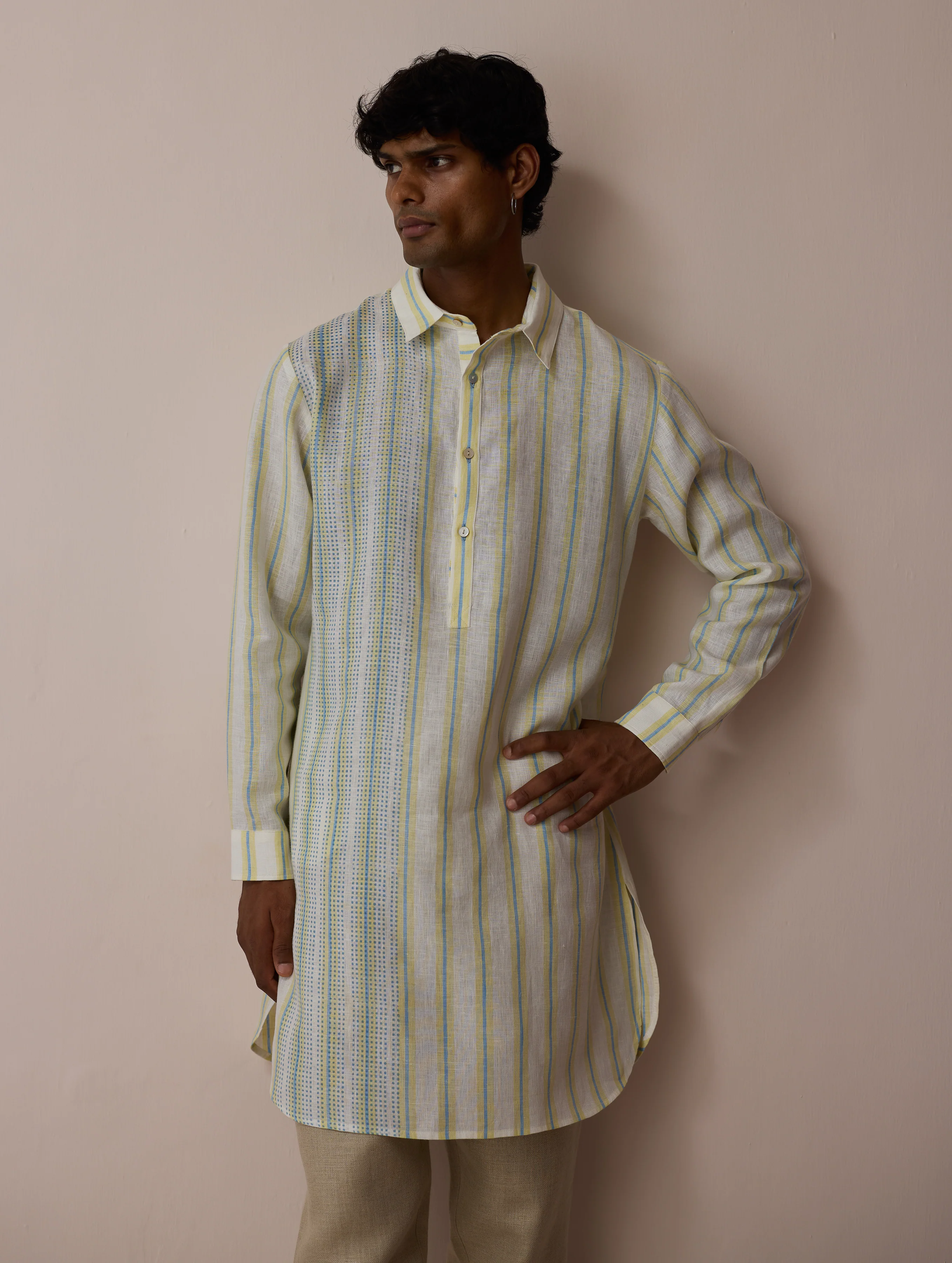 Taro Block-Printed Stripe Linen Kurta - Ivory - Image 4