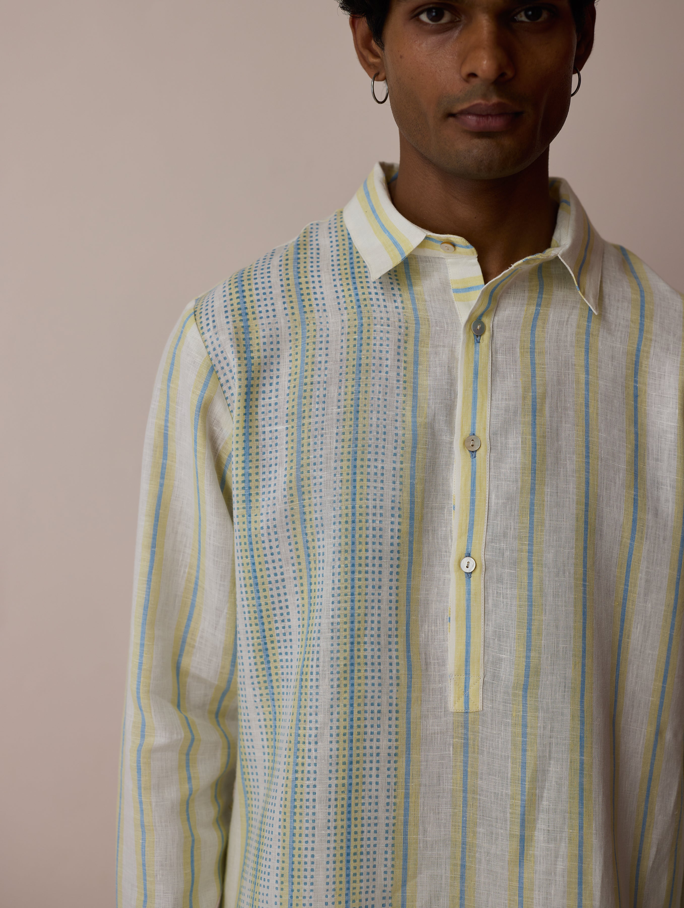 Taro Block-Printed Stripe Linen Kurta - Ivory - Image 5