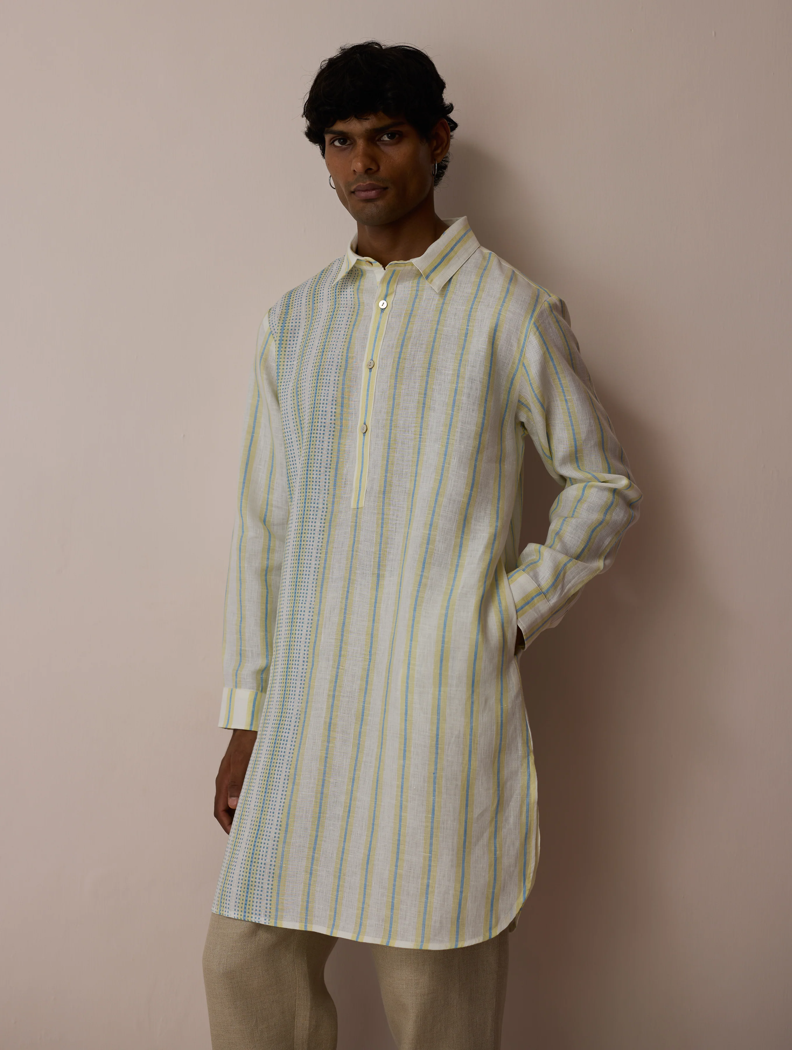Taro Block-Printed Stripe Linen Kurta - Ivory - Image 6