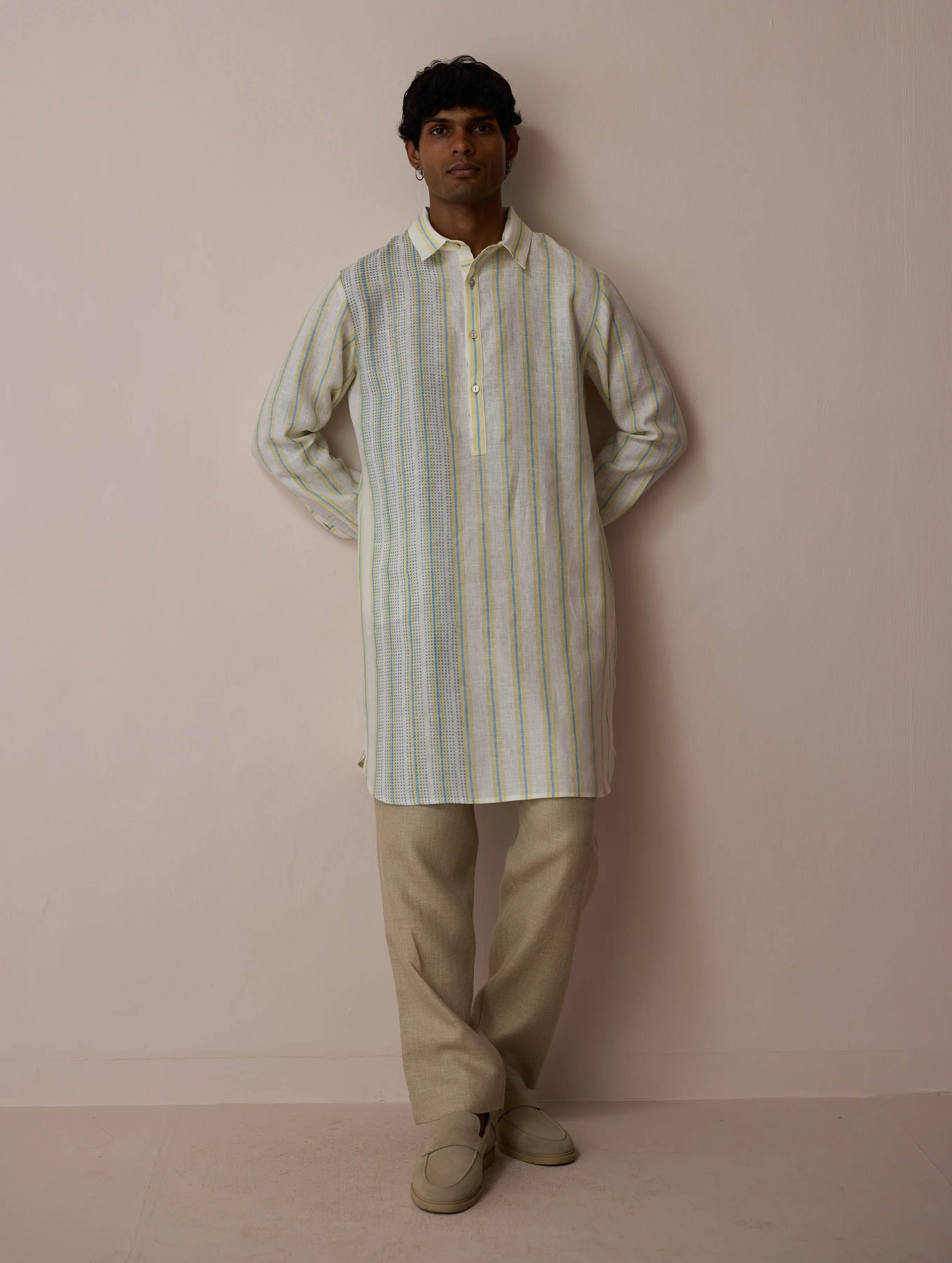 Taro Block-Printed Stripe Linen Kurta - Ivory - Image 7