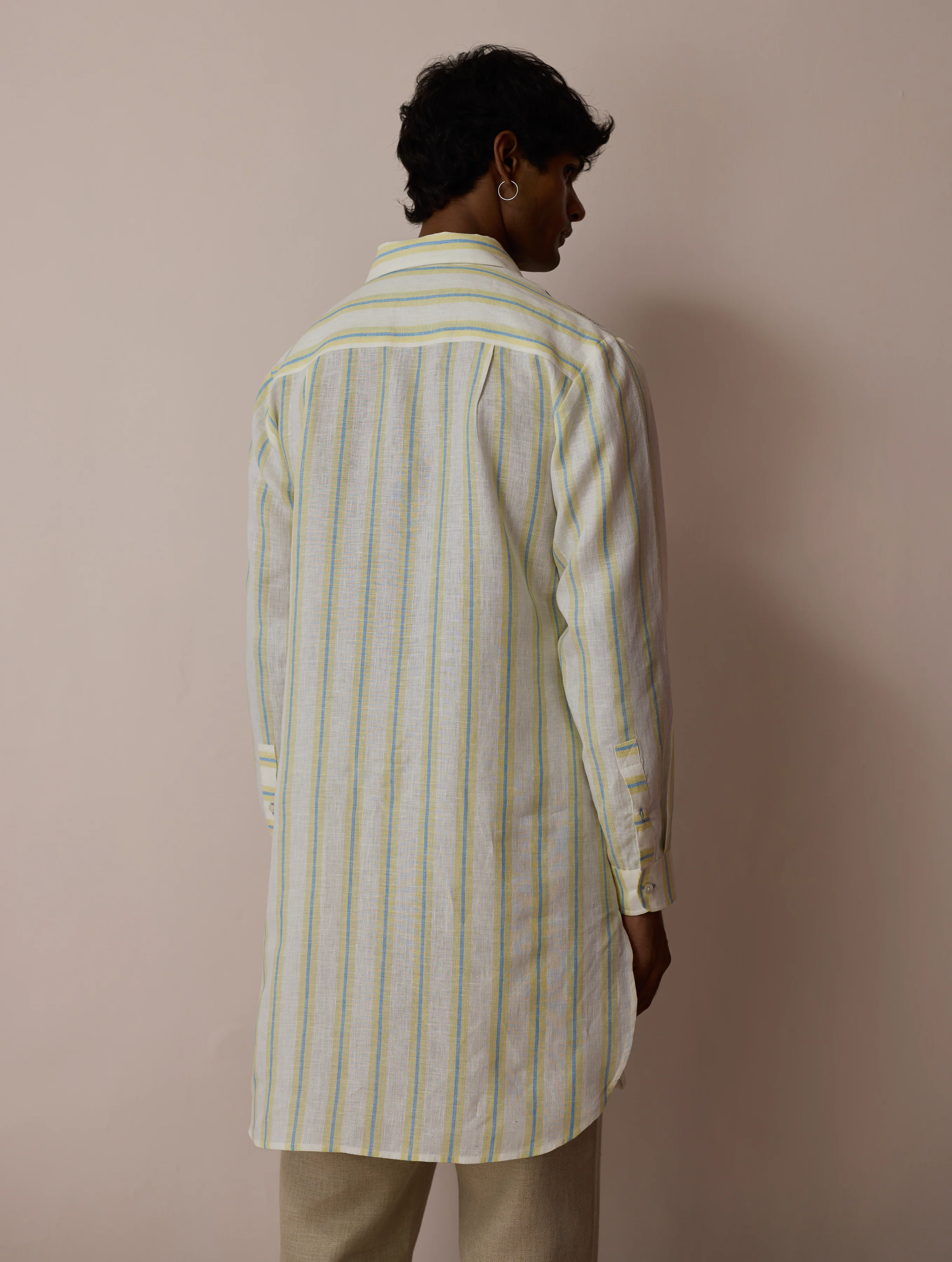 Taro Block-Printed Stripe Linen Kurta - Ivory - Image 8