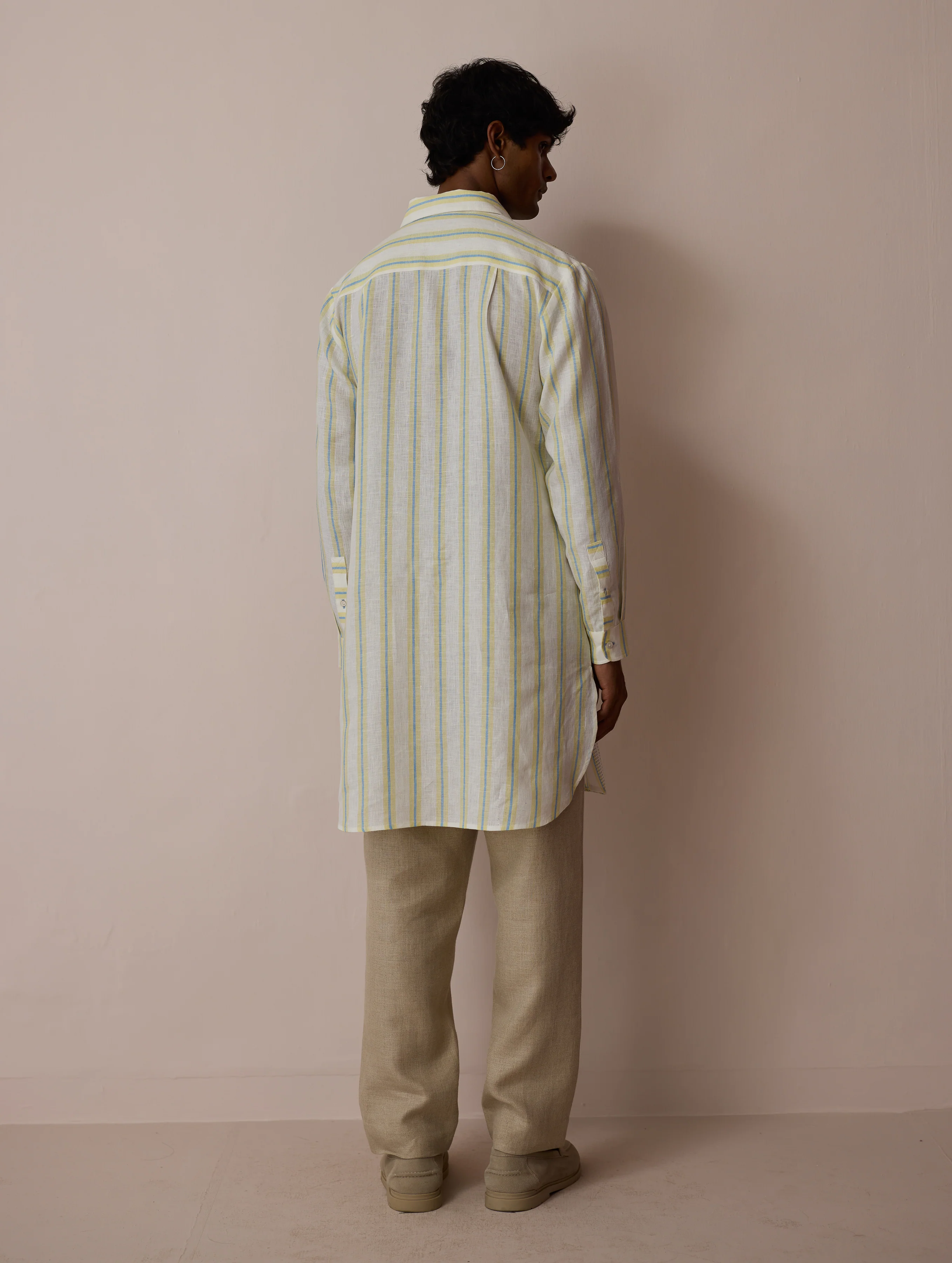 Taro Block-Printed Stripe Linen Kurta - Ivory - Image 9