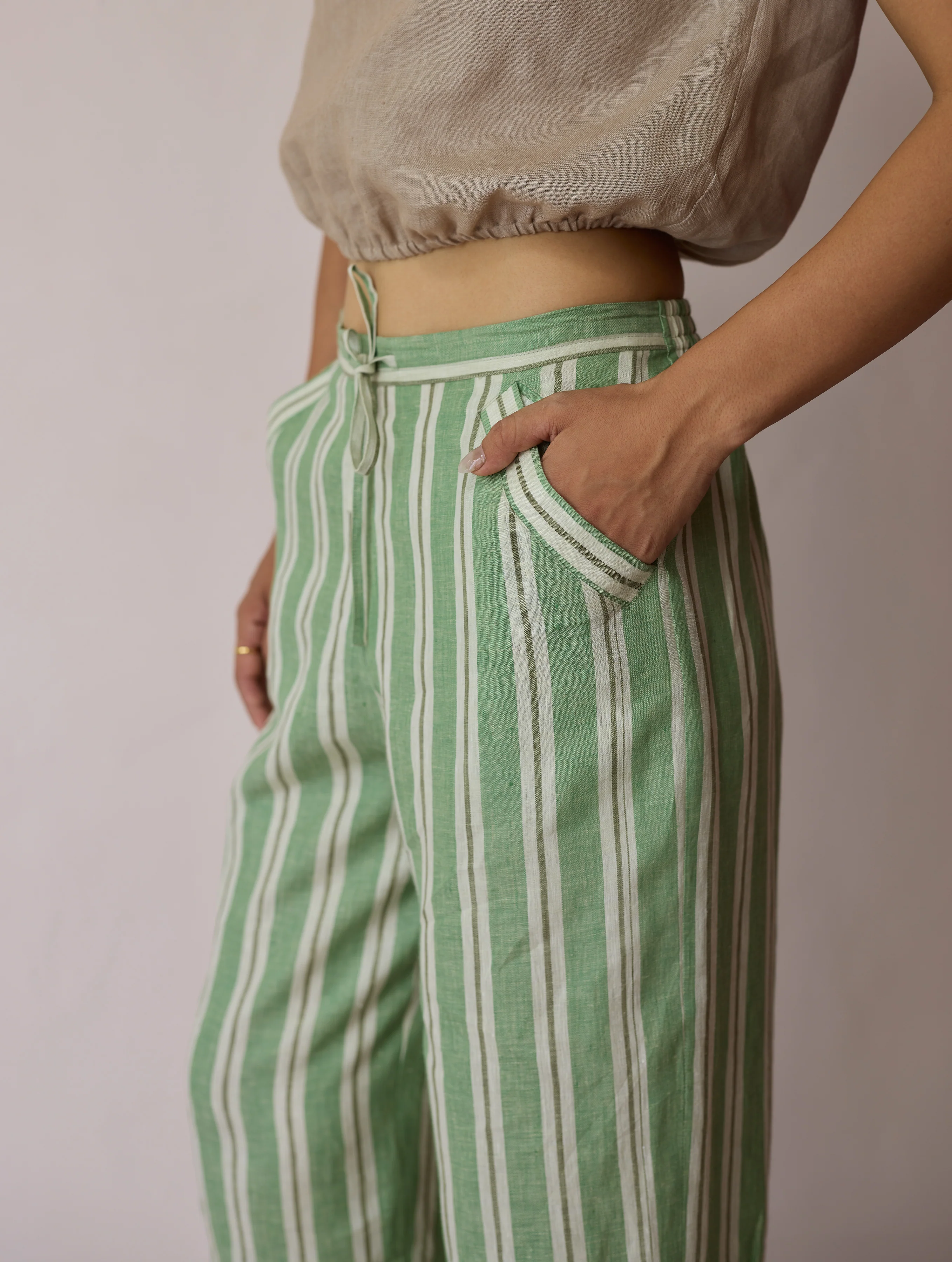 Terra Pleated Hem Stripe Linen Pants - Fern - Image 2