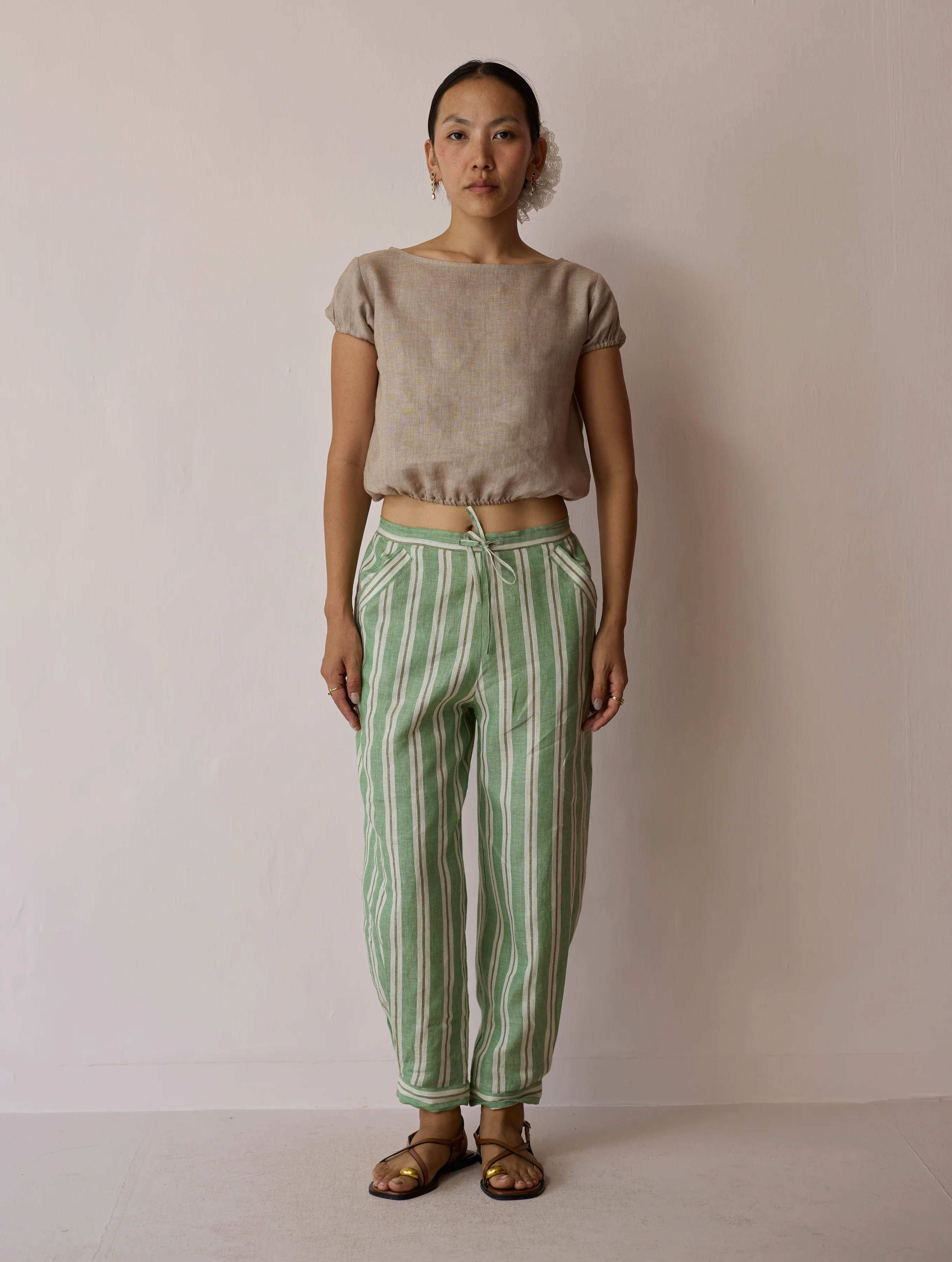 Terra Pleated Hem Stripe Linen Pants - Fern - Image 3