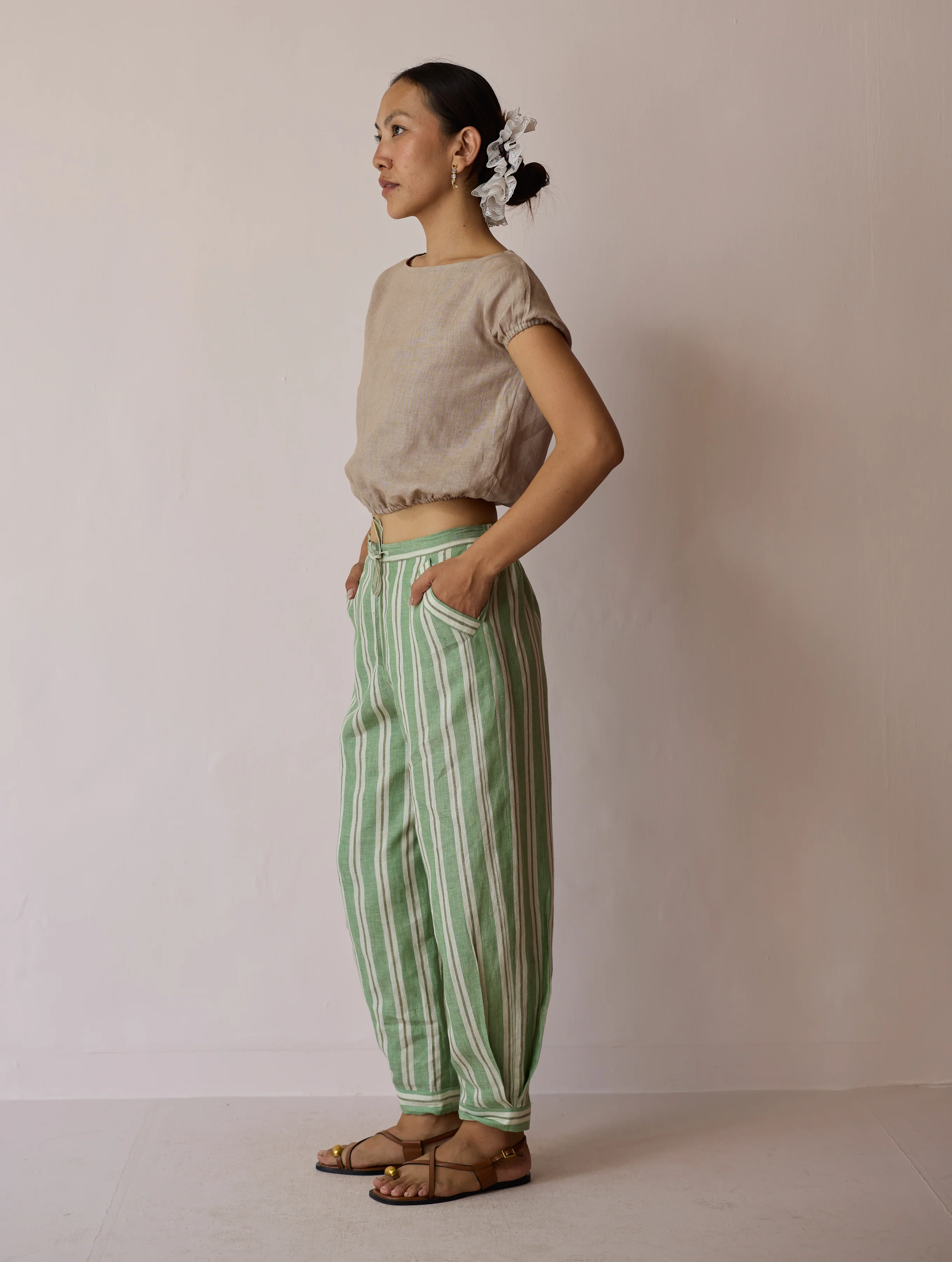 Terra Pleated Hem Stripe Linen Pants - Fern - Image 5