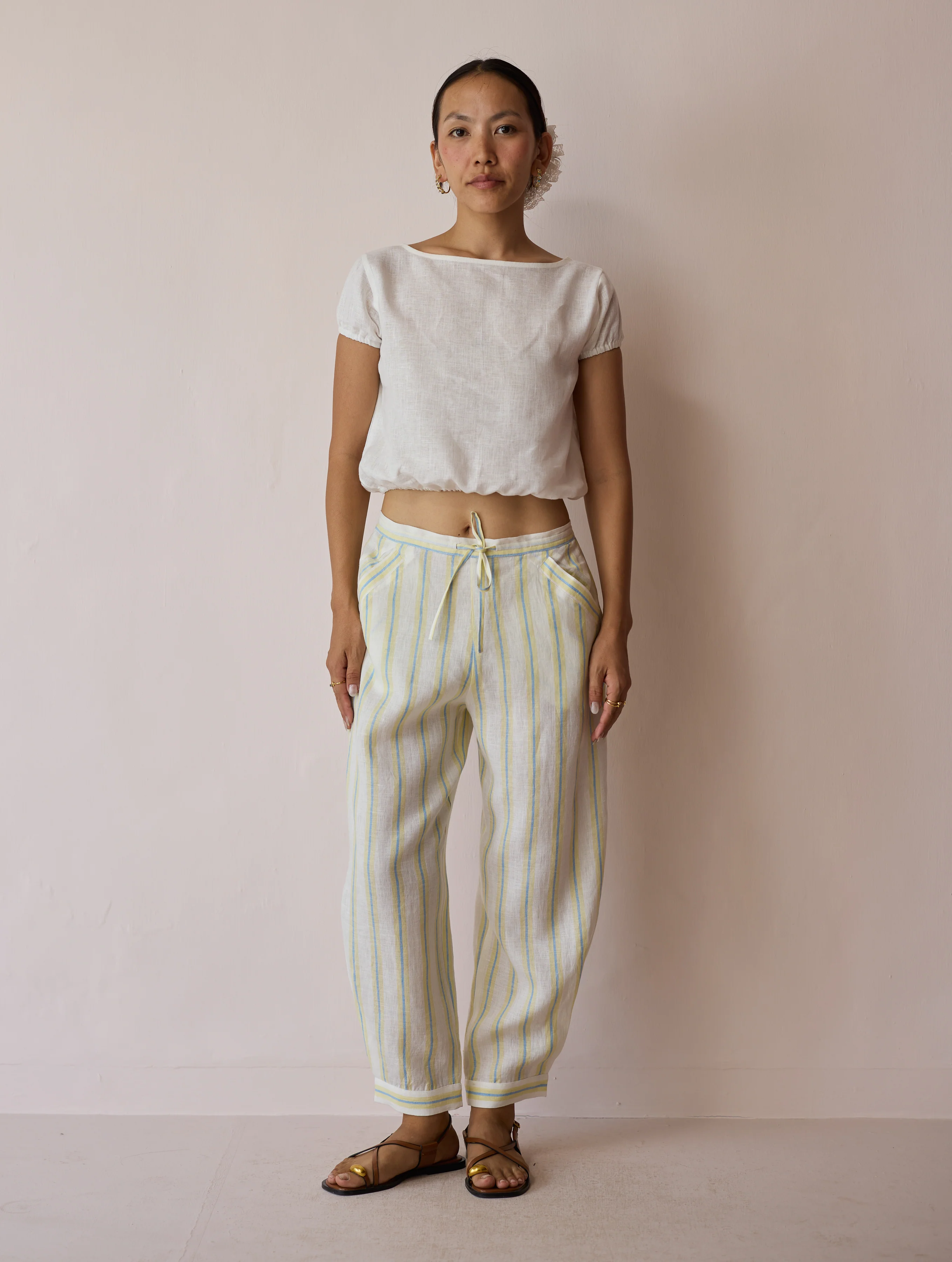 Terra Pleated Hem Stripe Linen Pants - Ivory - Image 4