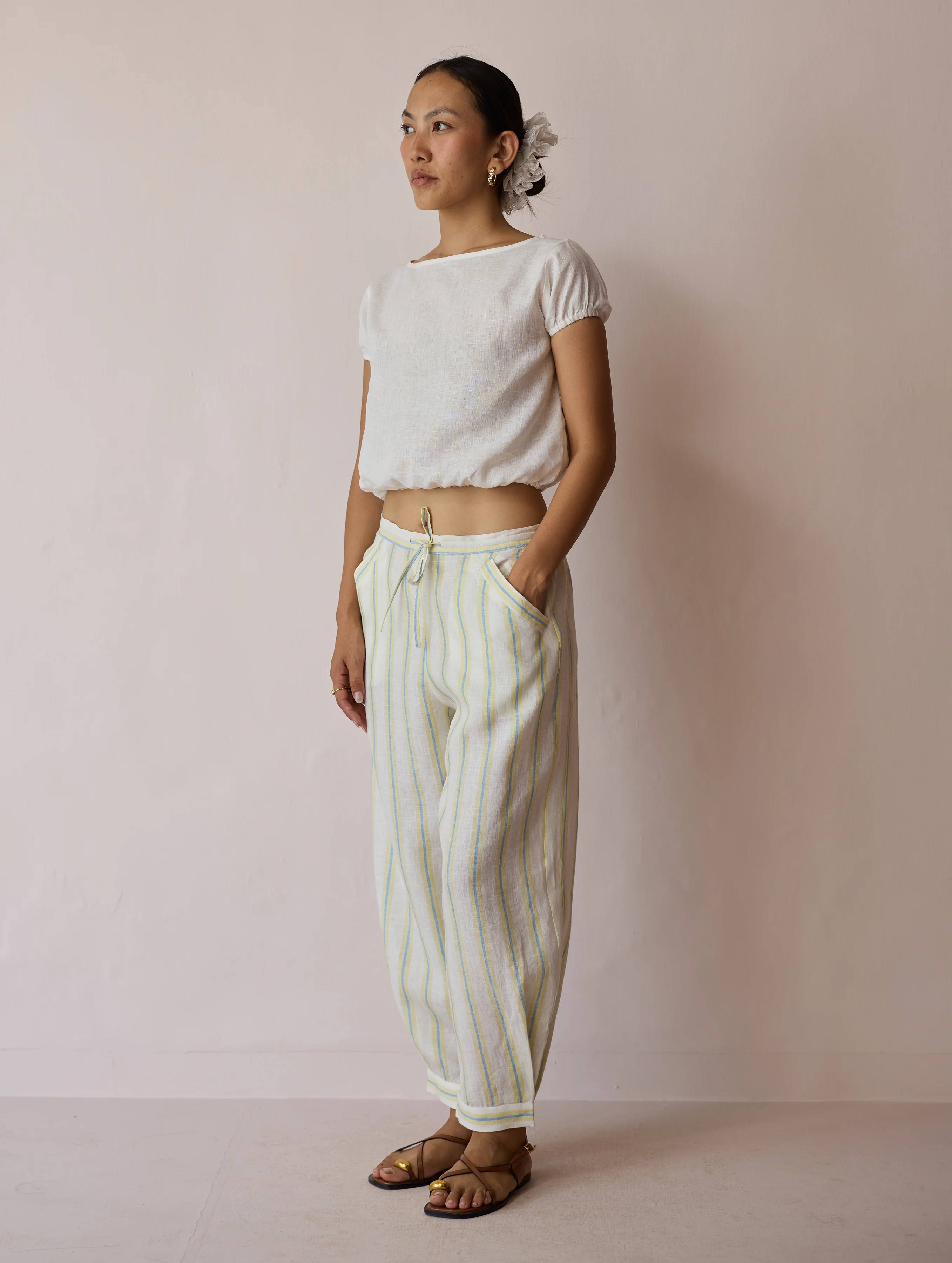 Terra Pleated Hem Stripe Linen Pants - Ivory - Image 5