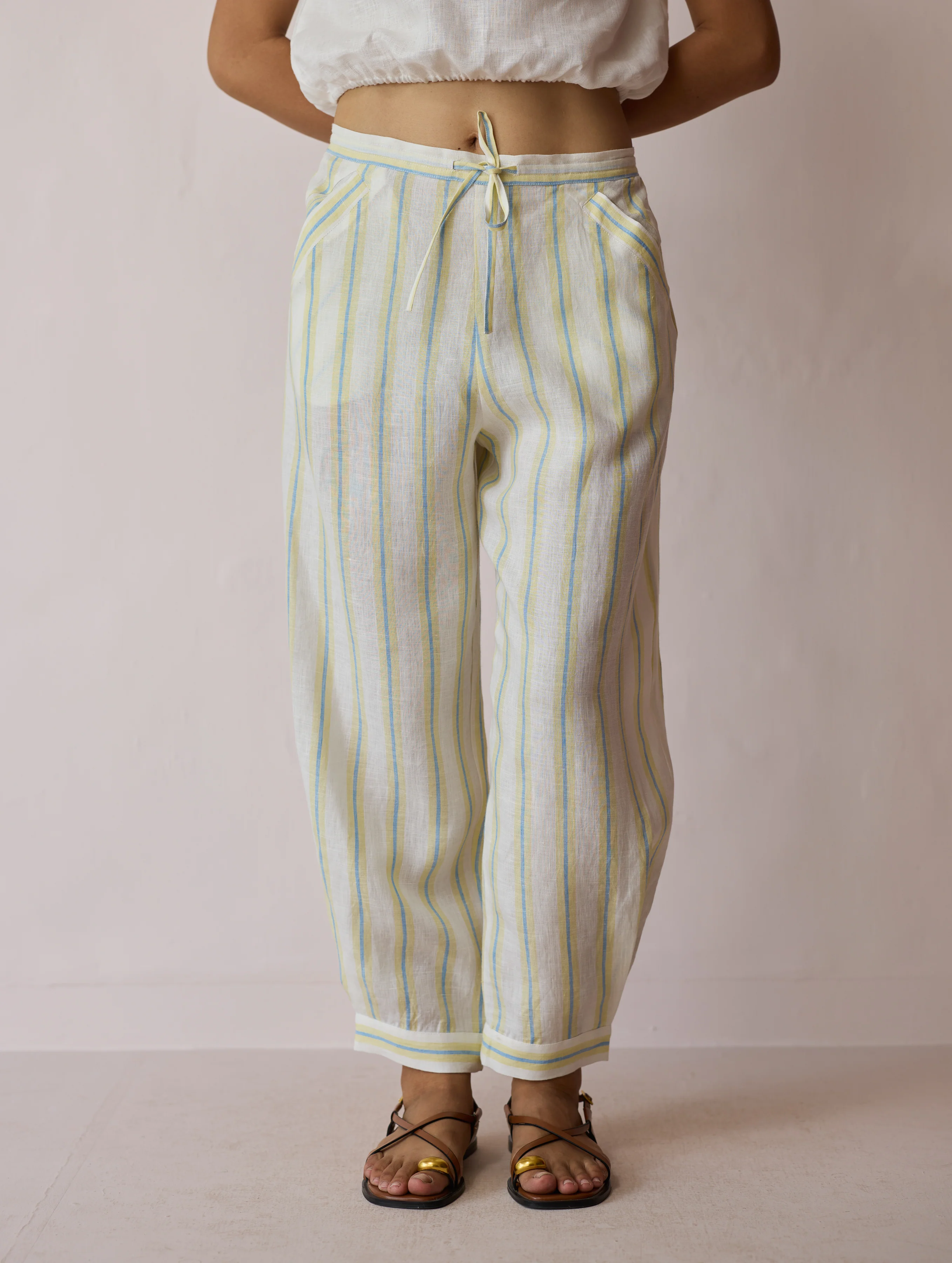 Terra Pleated Hem Stripe Linen Pants - Ivory - Image 6