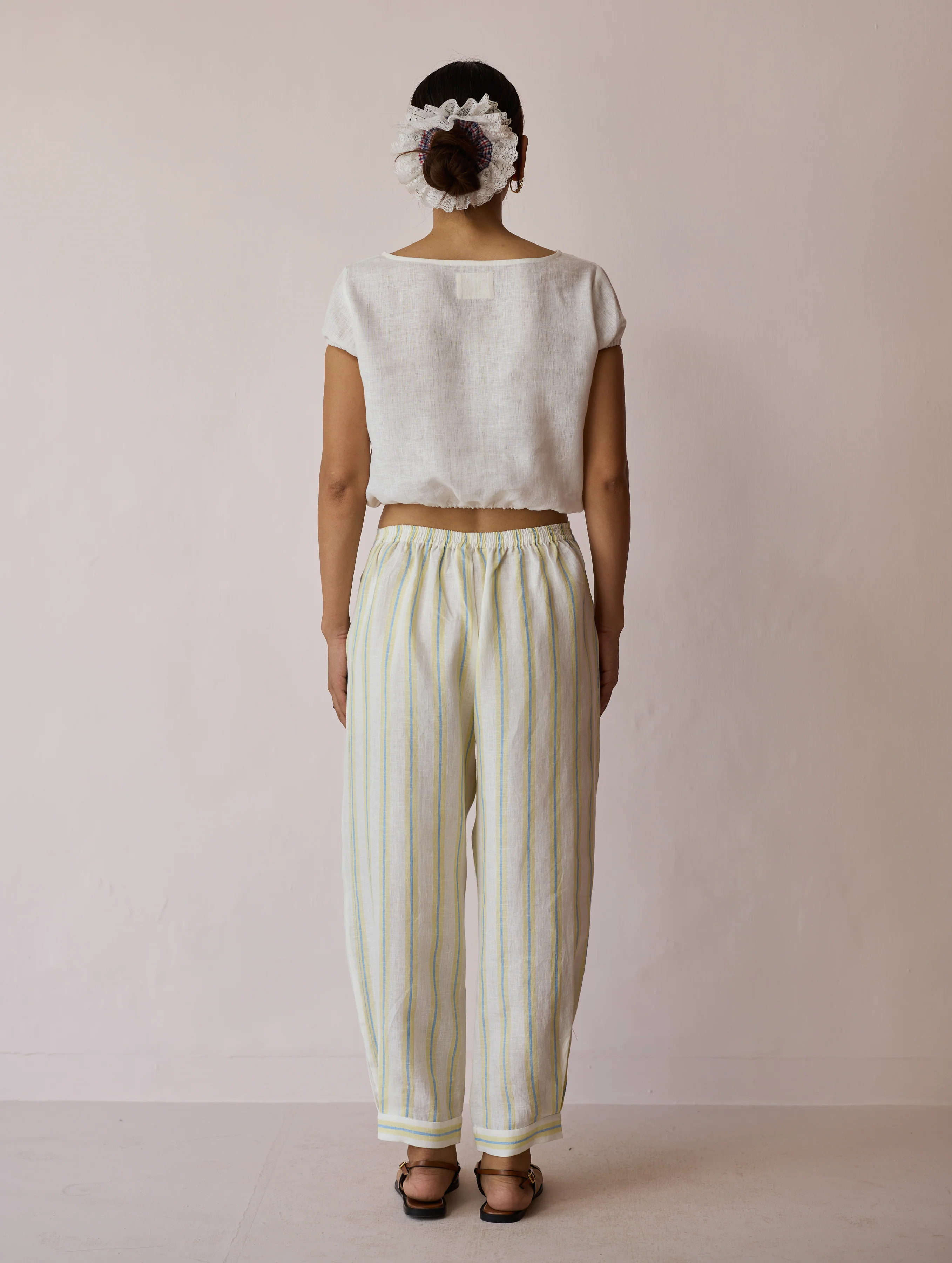 Terra Pleated Hem Stripe Linen Pants - Ivory - Image 8