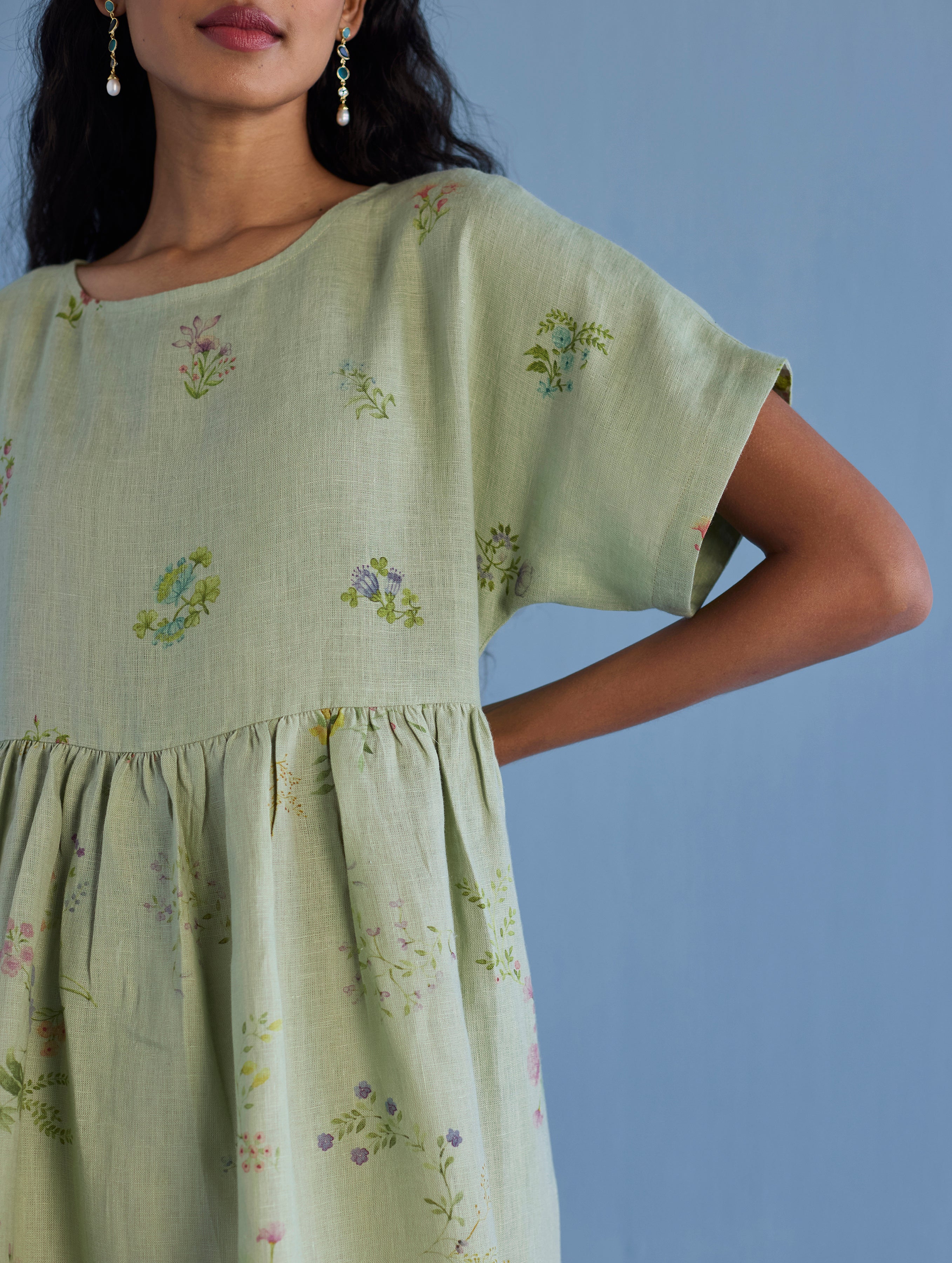 Uniko Pleated Floral Linen Dress - Mint - Image 2