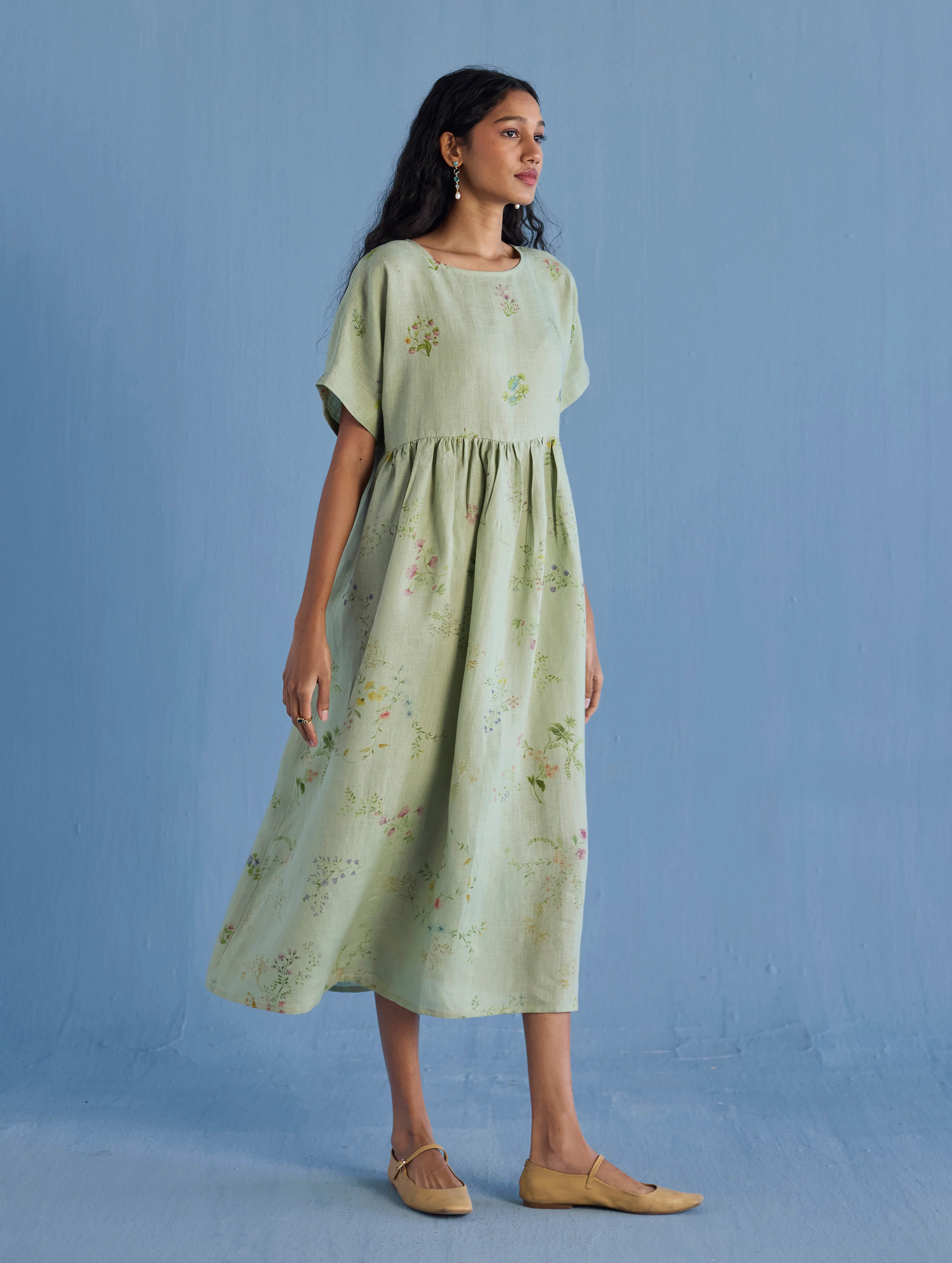 Uniko Pleated Floral Linen Dress - Mint - Image 3