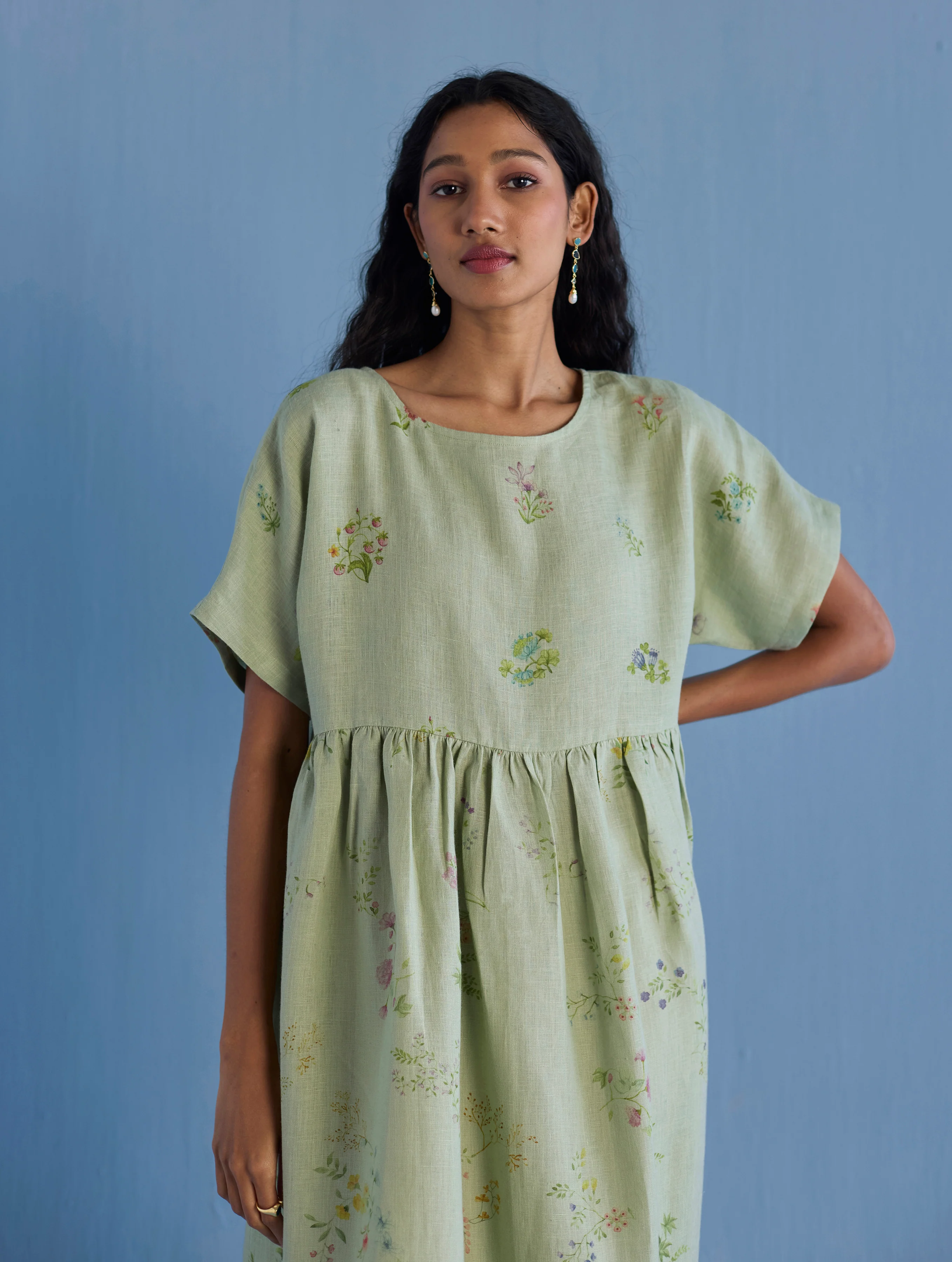 Uniko Pleated Floral Linen Dress - Mint - Image 4